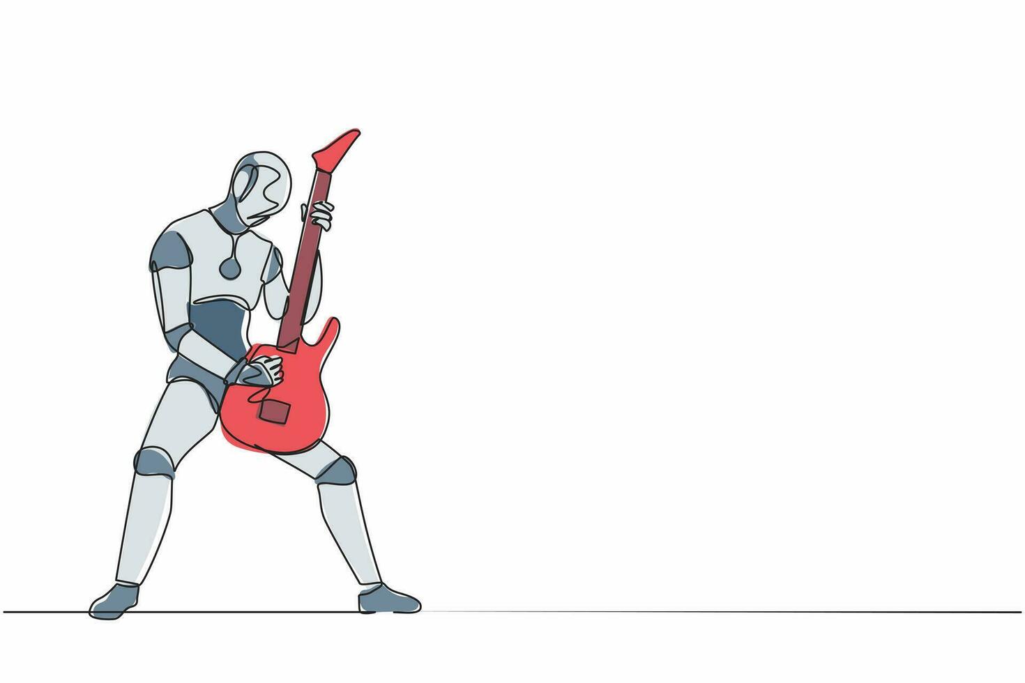 Continuous one line drawing robot guitarist perform playing electric guitar on stage. Humanoid robot cybernetic organism. Future robot development. Single line draw design vector graphic illustration