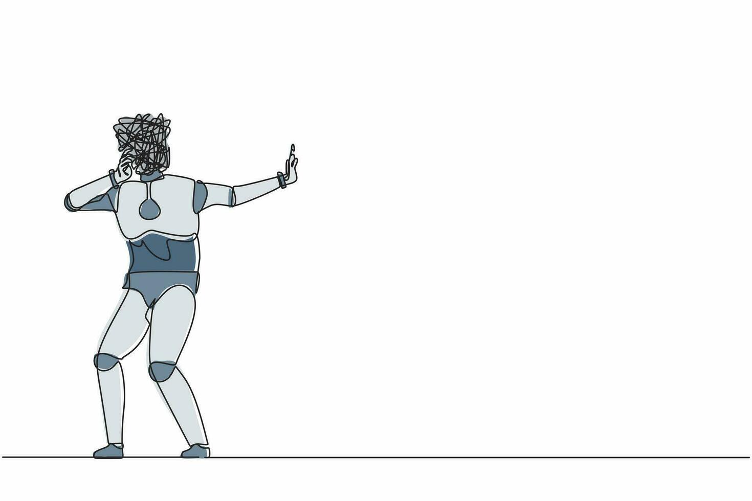 Continuous one line drawing robot with round scribbles instead of head. Stop gesture, robot covering eye with hand. Embarrassed. Robotic artificial intelligence. Single line design vector illustration
