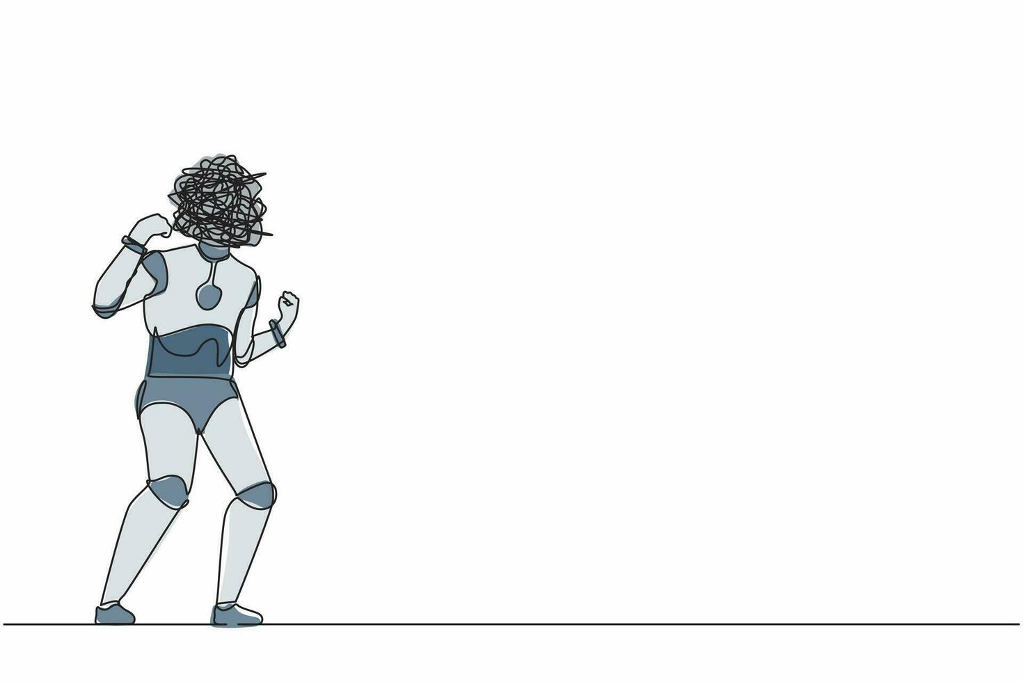 Single continuous line drawing robot with round scribbles instead of head. Angry annoyed robot with clenched fists. Aggressive mood. Future technology. One line draw graphic design vector illustration