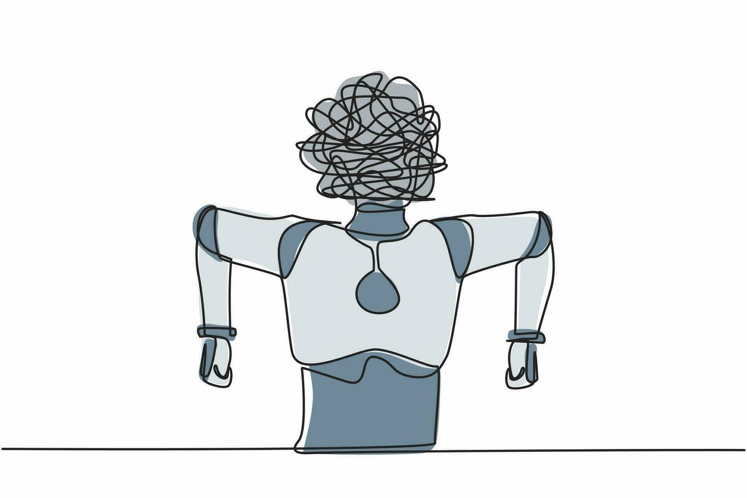 Single one line drawing robot with round scribble instead of head. Angry robot. Emotional in rage. Feeling anger. Future technology development. Continuous line draw design graphic vector illustration