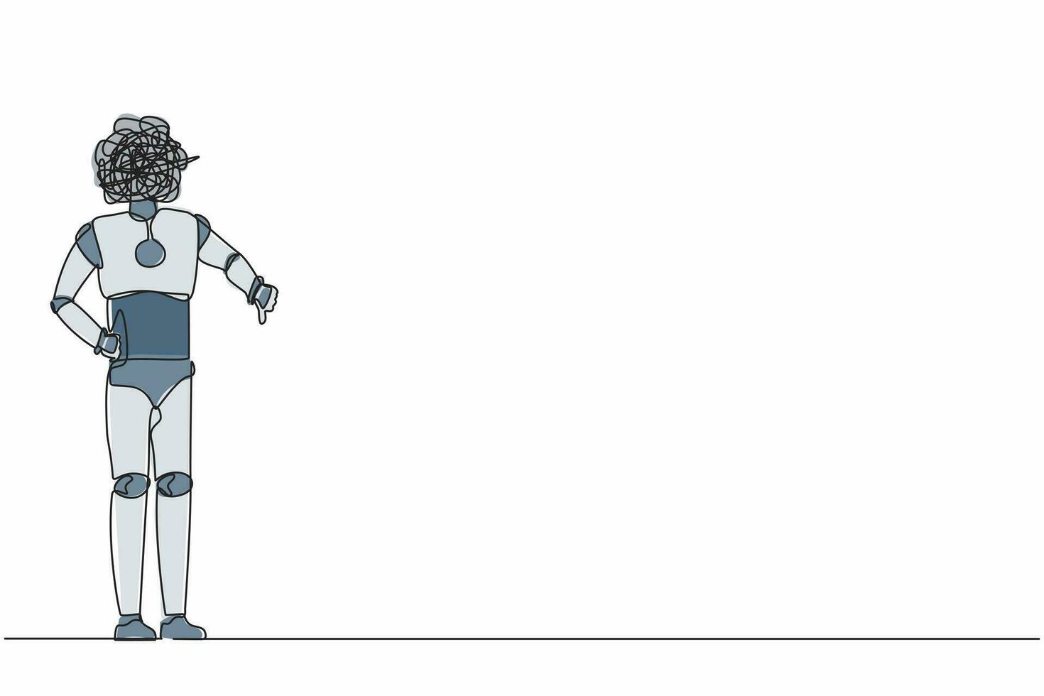 Single continuous line drawing robot with round scribbles instead of head, showing thumbs down sign, dislike, negative expressions. Future technology. One line draw graphic design vector illustration