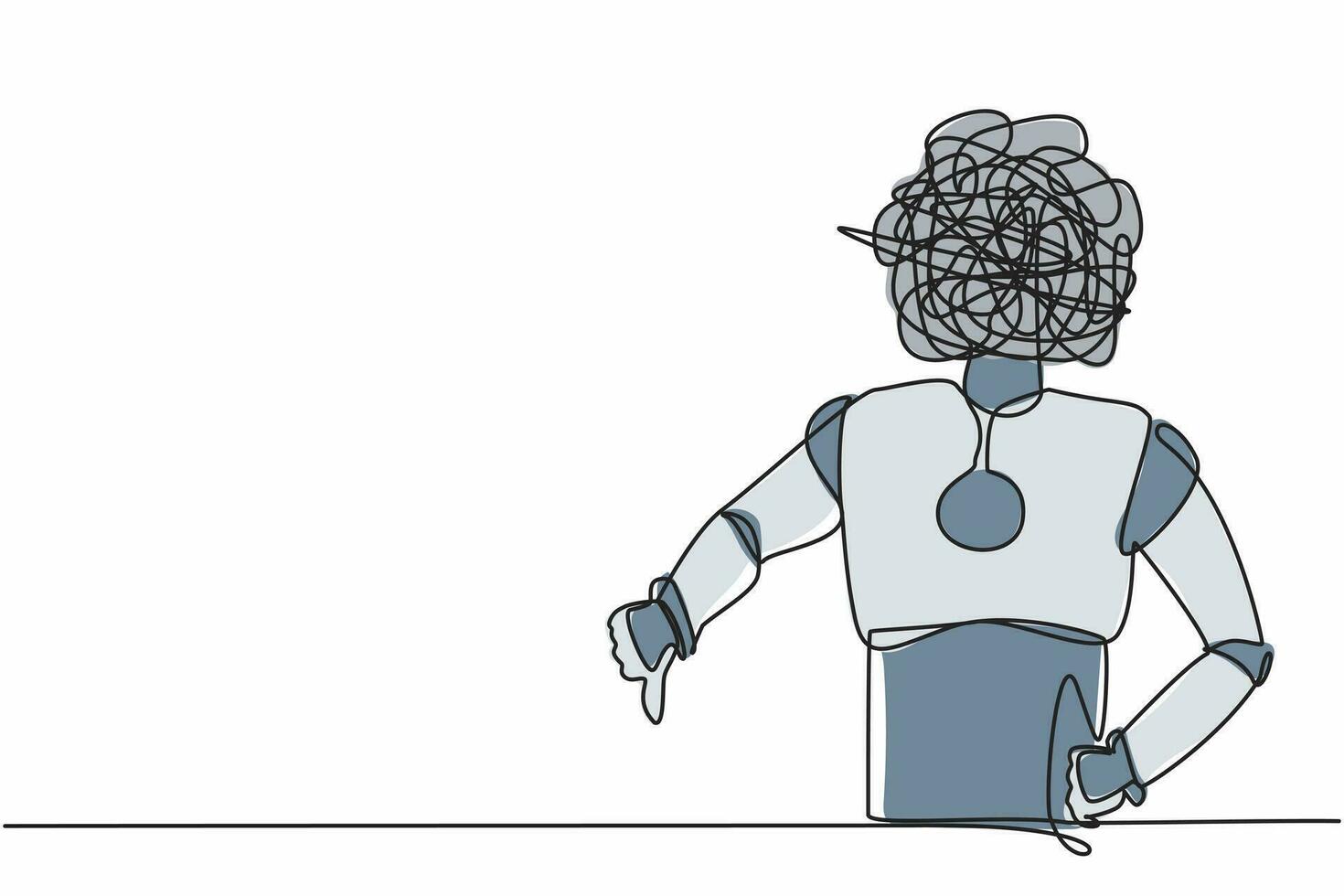 robot de dibujo de una sola línea continua con garabatos redondos en lugar de cabeza, mostrando el pulgar hacia abajo, disgusto, desaprobación. inteligencia artificial robótica. ilustración de vector de diseño gráfico de una línea