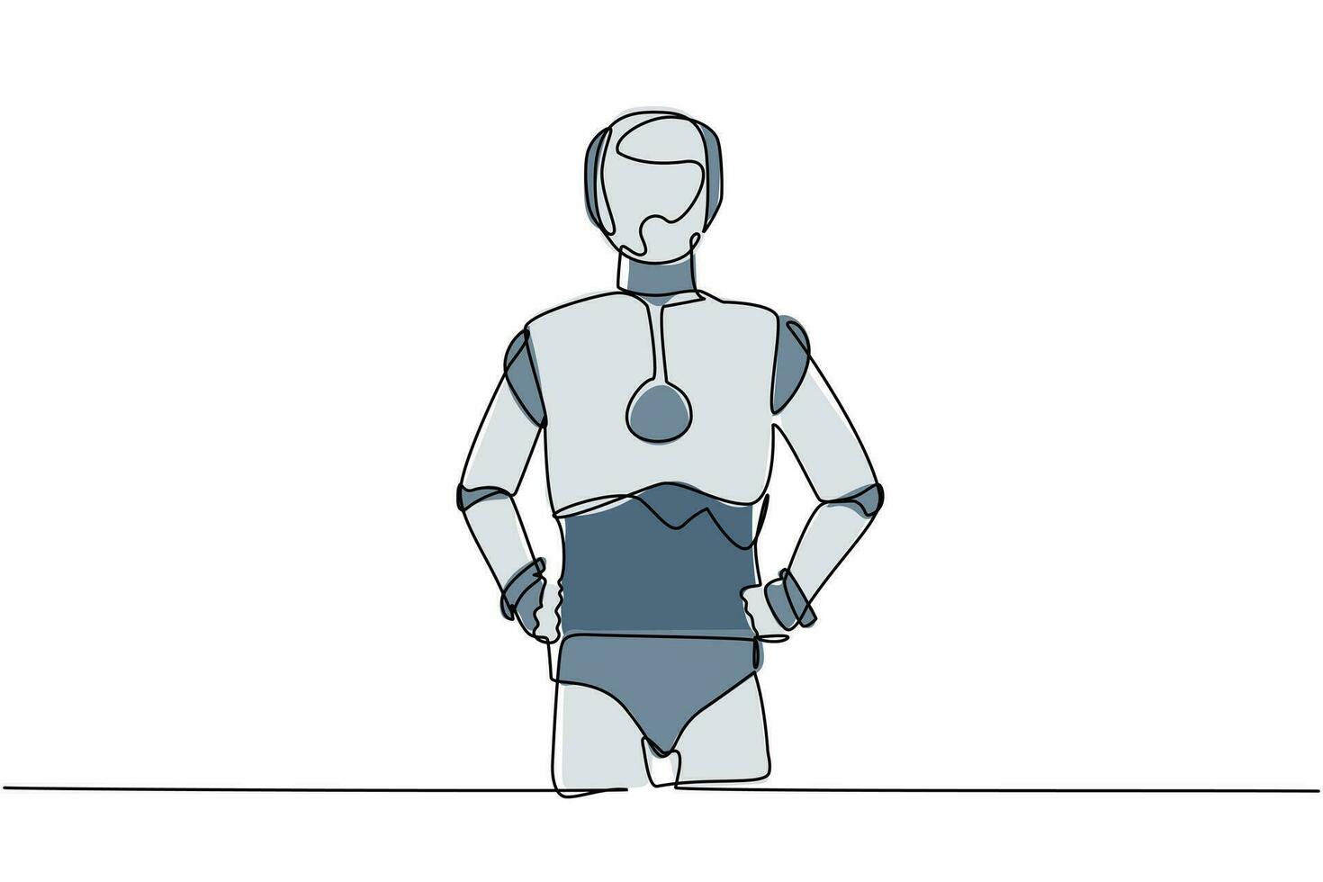 Continuous one line drawing robot standing and holding hand on hip. Confidence cyborg. Humanoid robot cybernetic organism. Future robotic development. Single line design vector graphic illustration