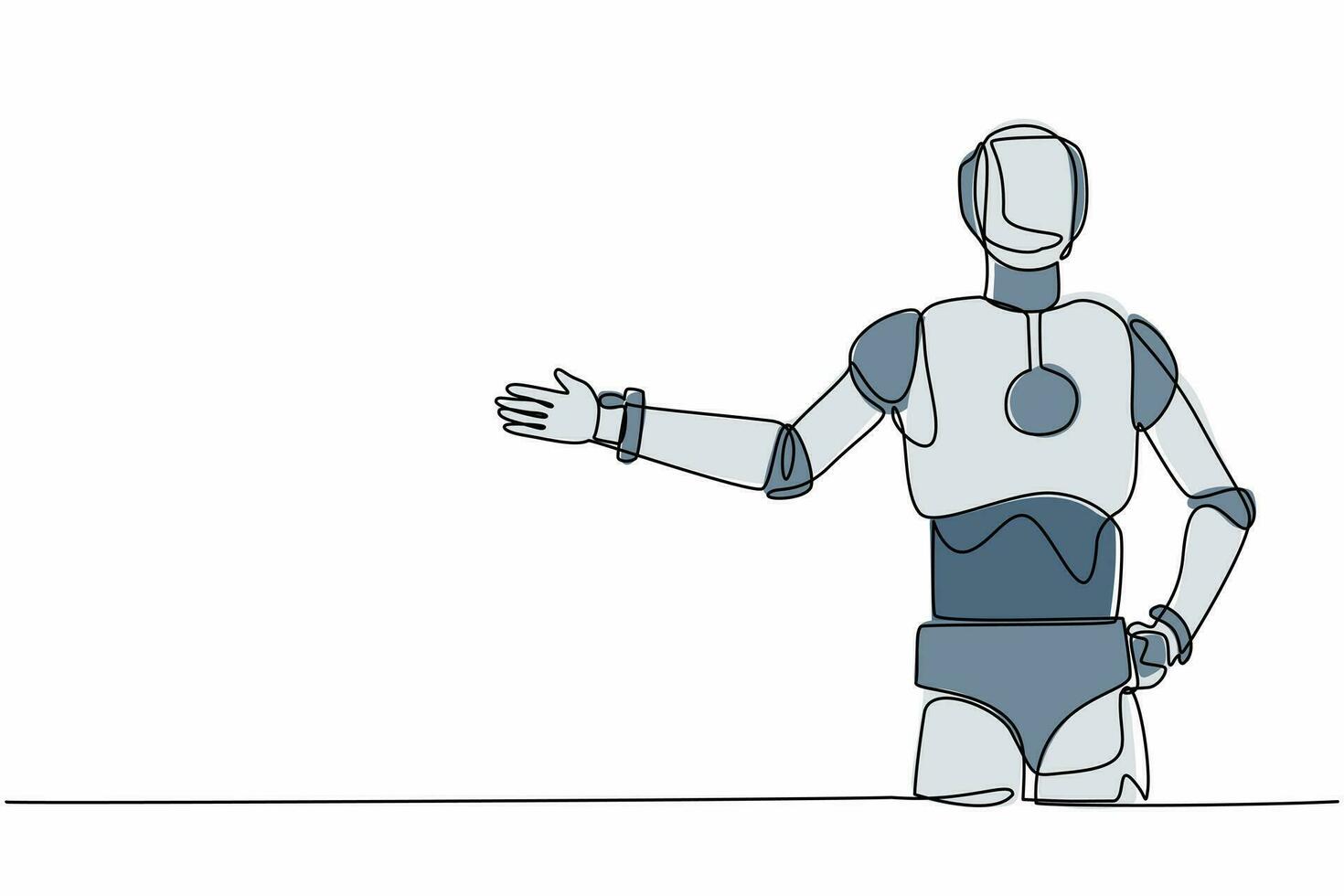 robot de dibujo de una sola línea continua de pie mostrando algo o presentando un proyecto. Inteligencia artificial robótica. industria de la tecnología electrónica. ilustración de vector de diseño gráfico de una línea