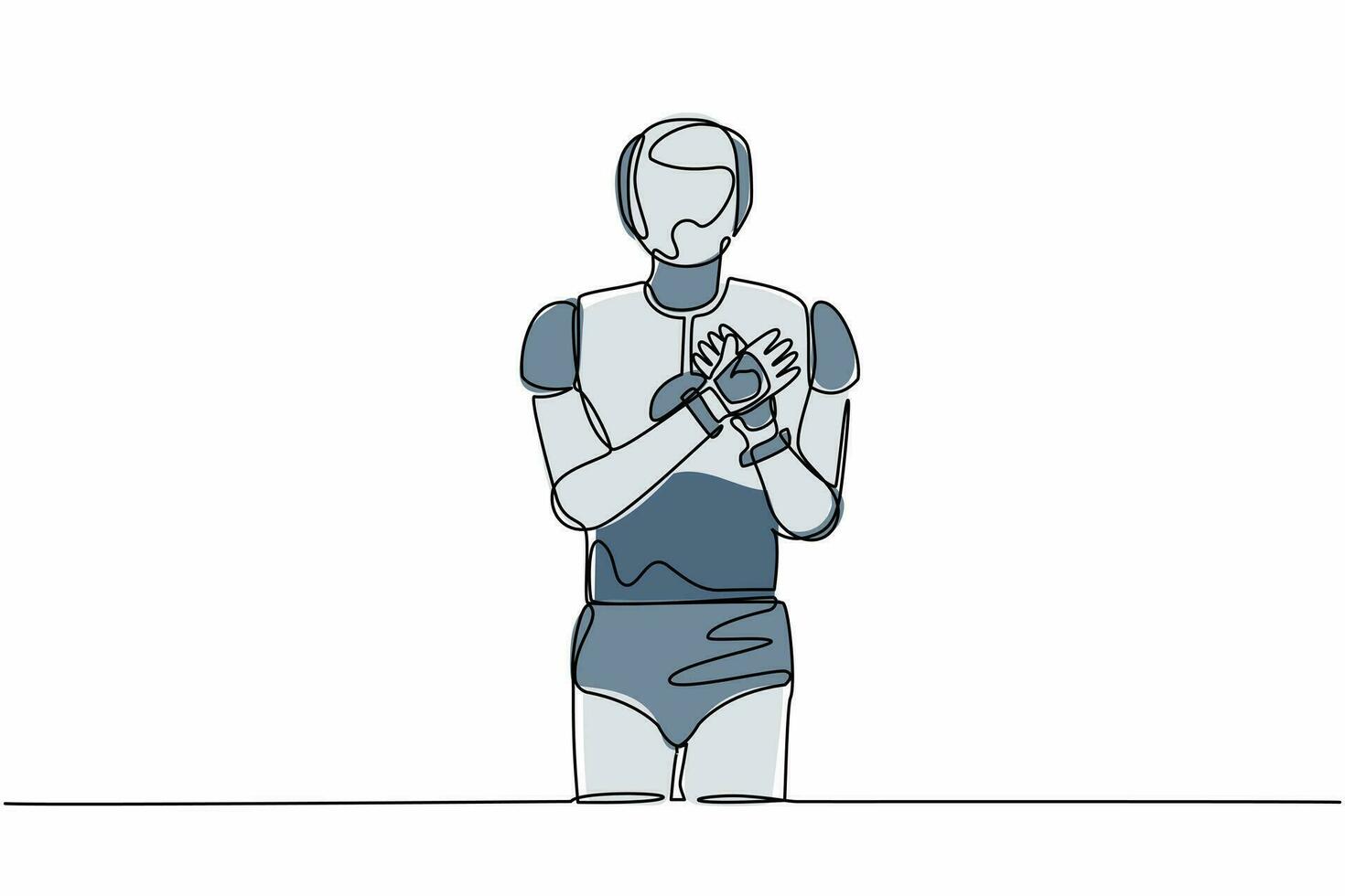 robot de dibujo de una sola línea continua de pie con las manos en el pecho. robot que sufre de dolor de pecho o ataque al corazón. Inteligencia artificial robótica. ilustración de vector de diseño gráfico de una línea