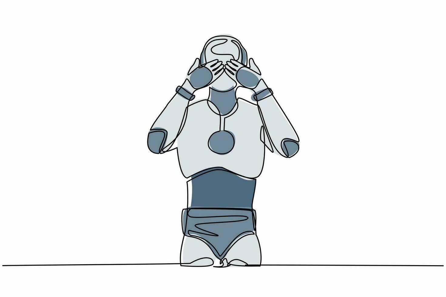 Single continuous line drawing robot standing with covering his eyes with hands because of disgust and reluctance to see something. Robotic artificial intelligence. One line design vector illustration