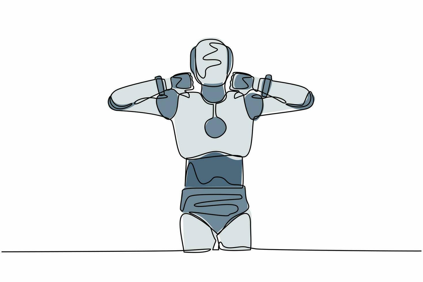 Single continuous line drawing robot standing with thumb down sign gesture. Dislike, disagree, disappointment, disapprove, no deal. Robotic artificial intelligence. One line design vector illustration