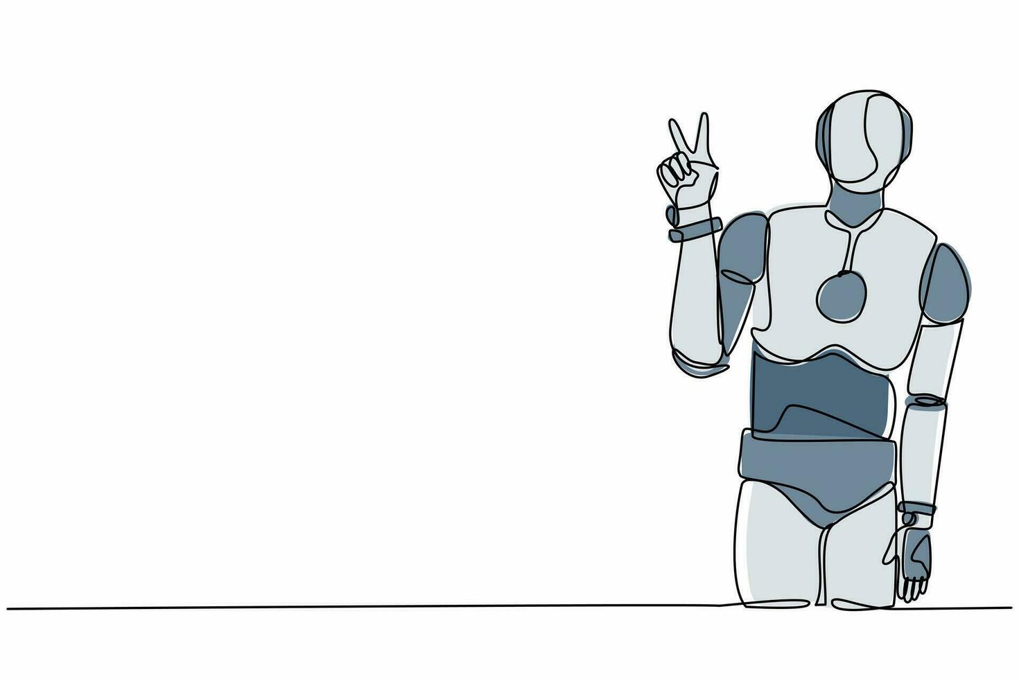 Continuous one line drawing robot standing with v symbol, victory sign, success or winner gesture. Humanoid cybernetic organism. Future robotic development. Single line draw design vector illustration