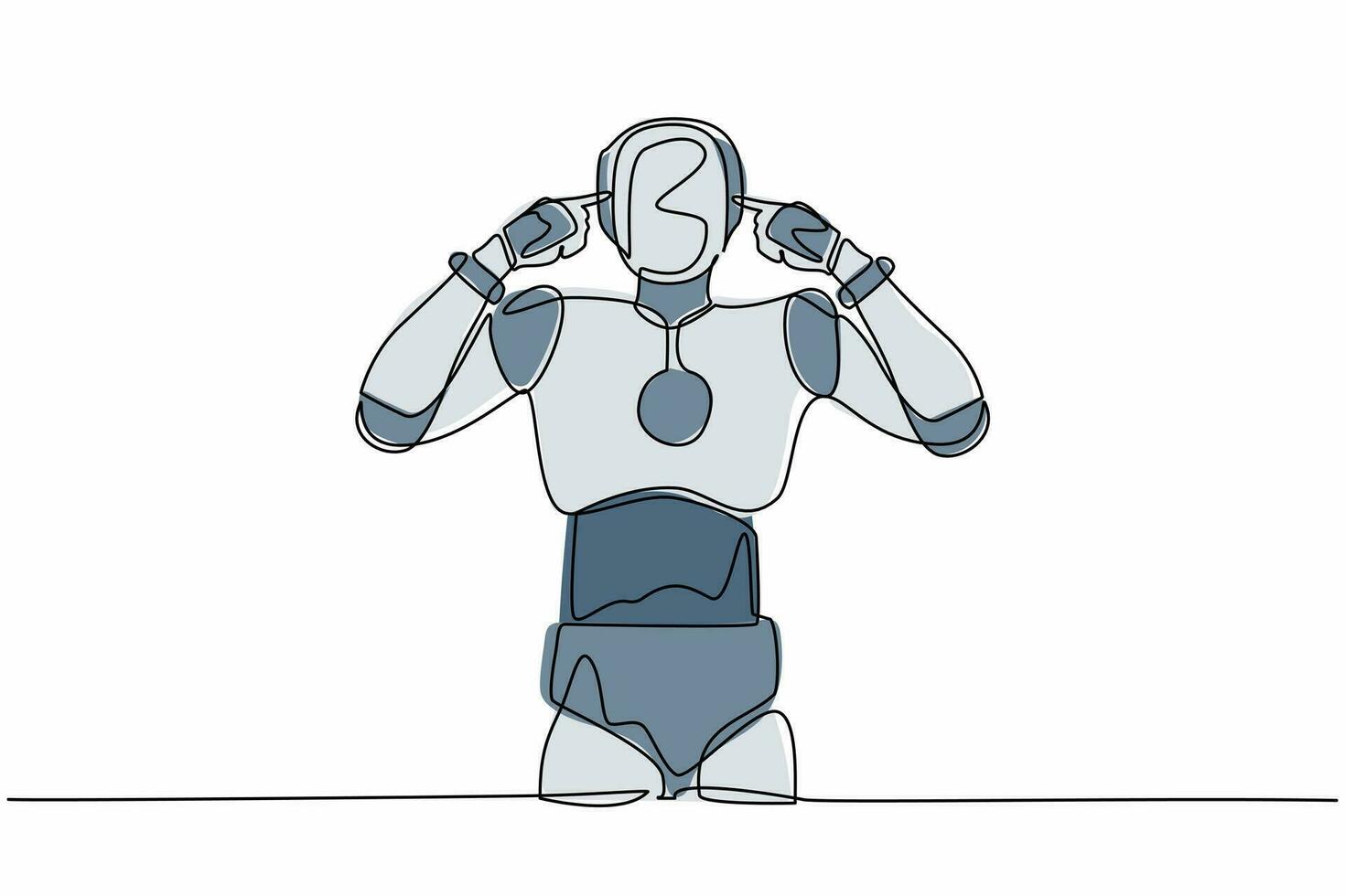 Continuous one line drawing robot standing with covering ears with fingers and annoyed expression for noise of loud sound or music. Humanoid robot organism. Single line draw design vector illustration