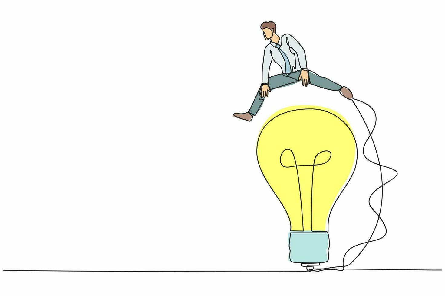 Single one line drawing businessman jumping over big light bulb. Business innovation transformation. Adaptation creativity to move beyond original idea. Continuous line draw design vector illustration