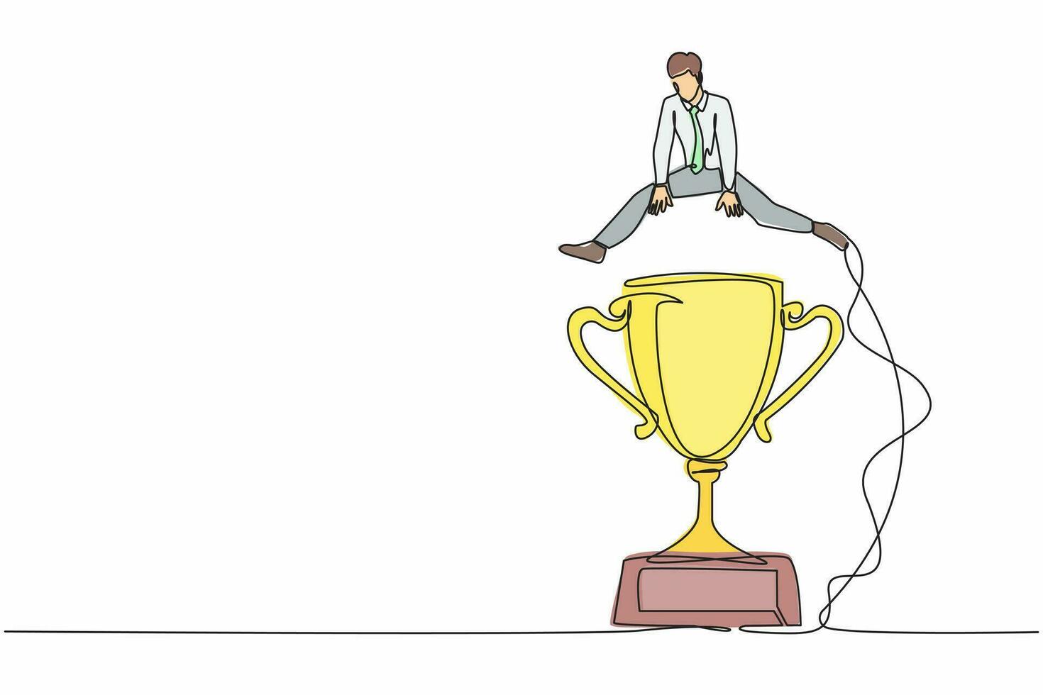 Single one line drawing businessman jumping over big trophy. Success or victory, winning prize or trophy, challenge or succeed in business competition. Continuous line draw design vector illustration