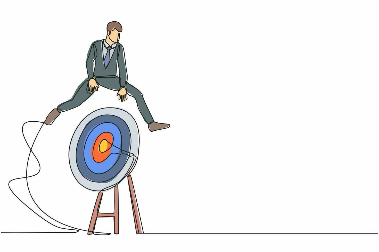 Single continuous line drawing businessman jumping on big archery bull's eye target. Aspiration motivation to achieve business target, advancement in career. One line draw design vector illustration