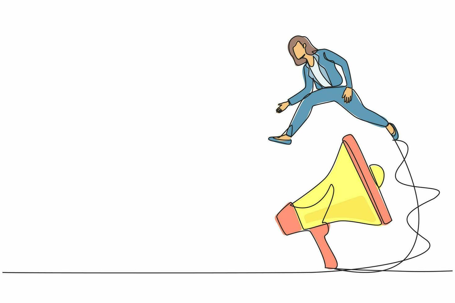 Continuous one line drawing businesswoman jumping over big megaphone. Marketing device equipment. Loudspeaker technology. Announcement, advertising. Single line draw design vector graphic illustration