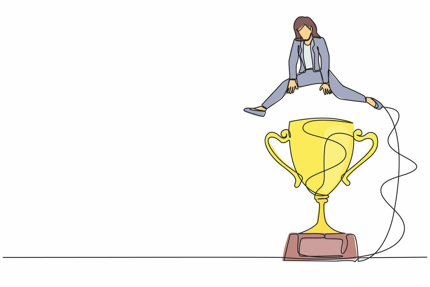 Single one line drawing businesswoman jumping over big trophy. Celebrate work achievement, success or victory. Challenge or succeed in business competition. Continuous line design vector illustration