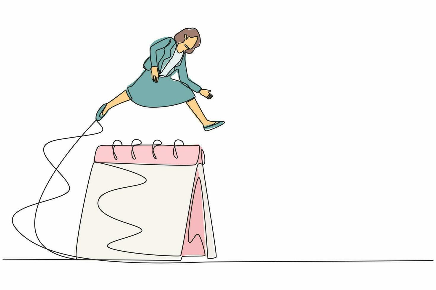 Single one line drawing businesswoman jumping over big calendar. Female worker setting appointment reminder. Manager planning month work in desk calendar. Continuous line design vector illustration