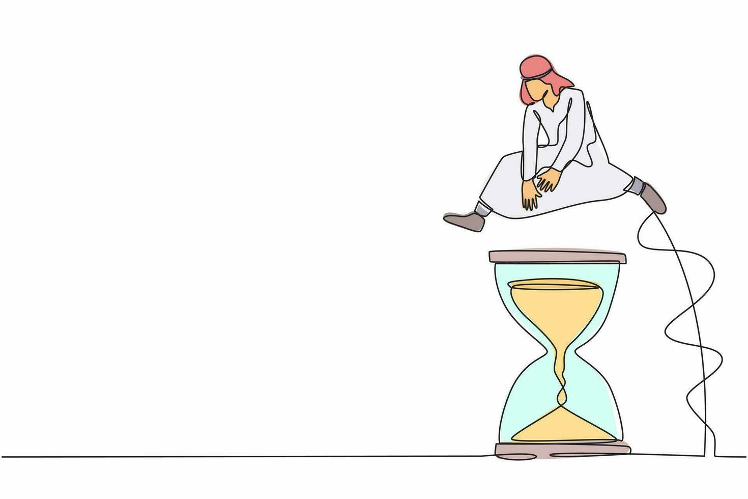 Single one line drawing Arabian businessman jump over or passing hourglass. Working culture with time schedule. Business project deadline efficiency. Continuous line design graphic vector illustration