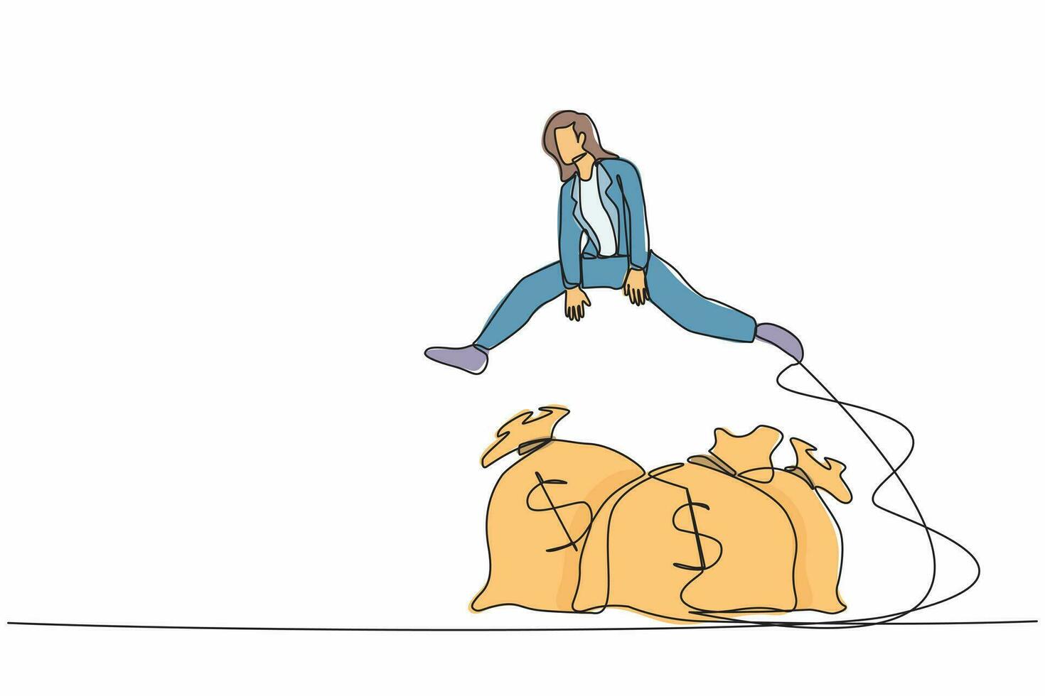 una mujer de negocios de dibujo de una sola línea salta sobre la bolsa de dinero. presupuesto de estímulo para la puesta en marcha de la empresa. préstamo comercial o financiación de capital, ayuda monetaria en crisis. ilustración de vector de diseño de dibujo de línea continua