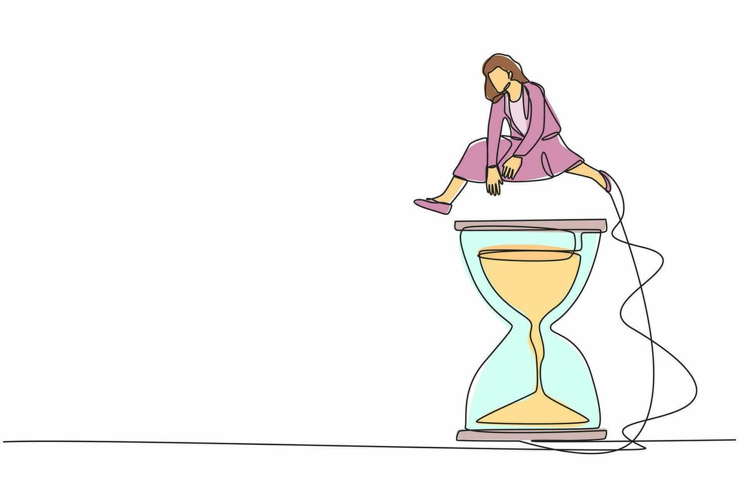 una mujer de negocios de dibujo de una línea continua salta o pasa el reloj de arena. concepto de programación de negocios y gestión del tiempo. plazo o eficiencia del tiempo de trabajo. ilustración de vector de diseño de línea única