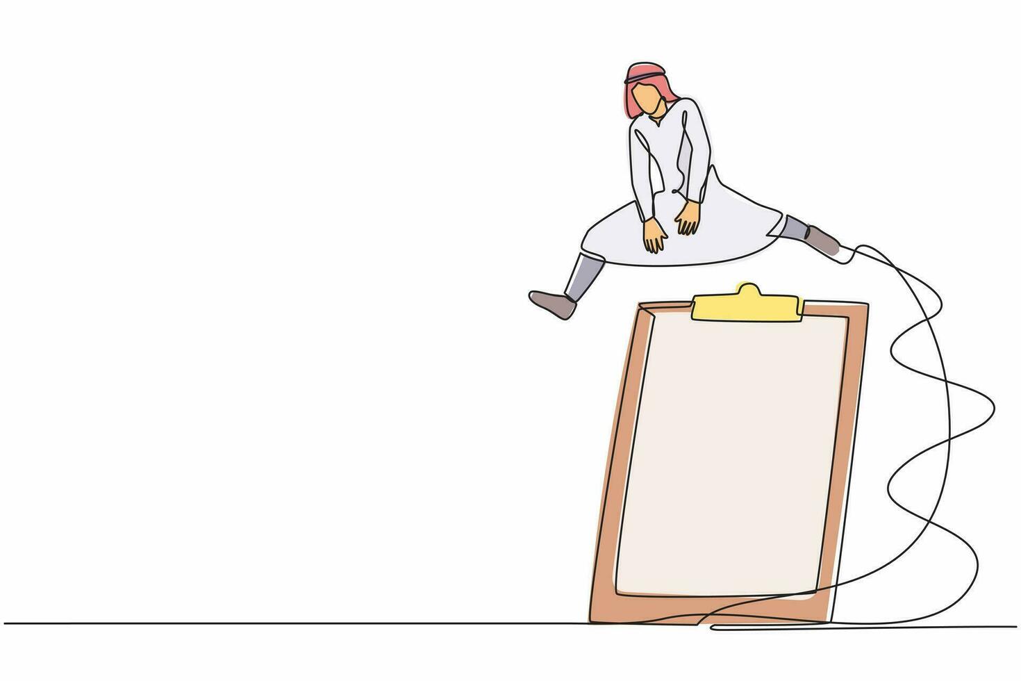 Continuous one line drawing Arab businessman jumping over big clipboard. Paper sheet document questionnaire. Successful completion of business task. Single line draw graphic design vector illustration