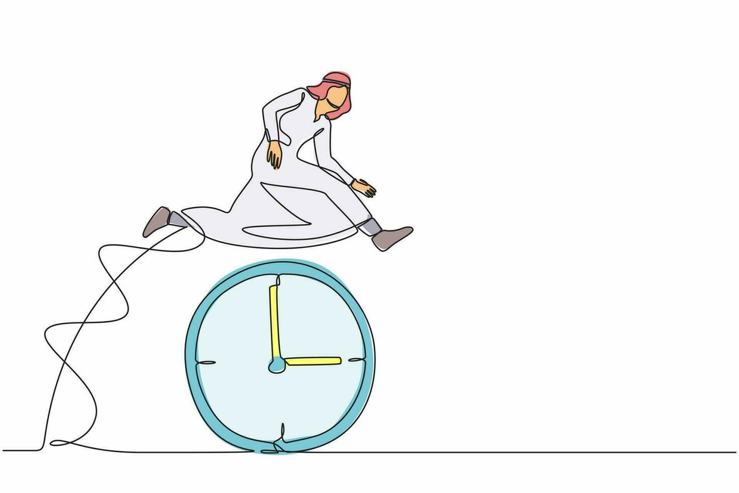 Continuous one line drawing Arab businessman employee worker jump over time passing clock. Daily time management of office worker. Success in work strategy. Single line draw design vector illustration