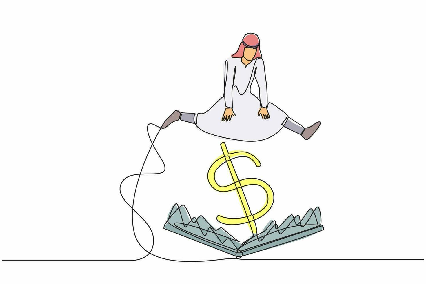 Single continuous line drawing Arab businessman jumping over pitfall with big money dollar sign bait. Financial investment scam. Trap of getting rich for a moment. One line design vector illustration