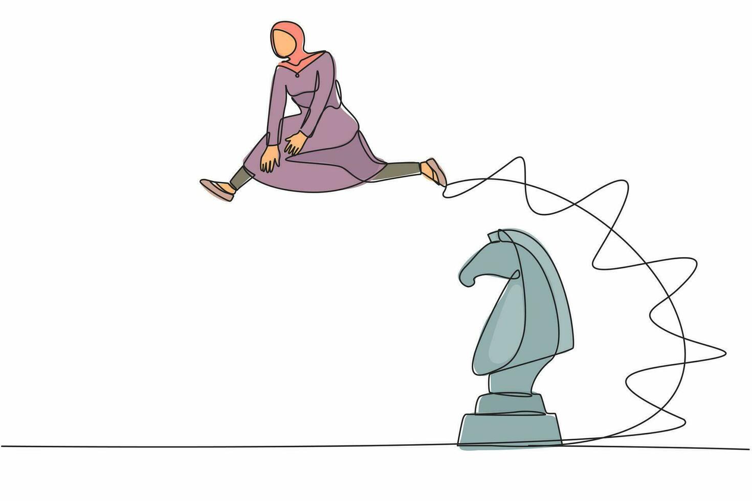 Single continuous line drawing Arab businesswoman jump over chess horse knight. Intelligence sport, tactical movement idea. Strategy move in business. One line draw graphic design vector illustration