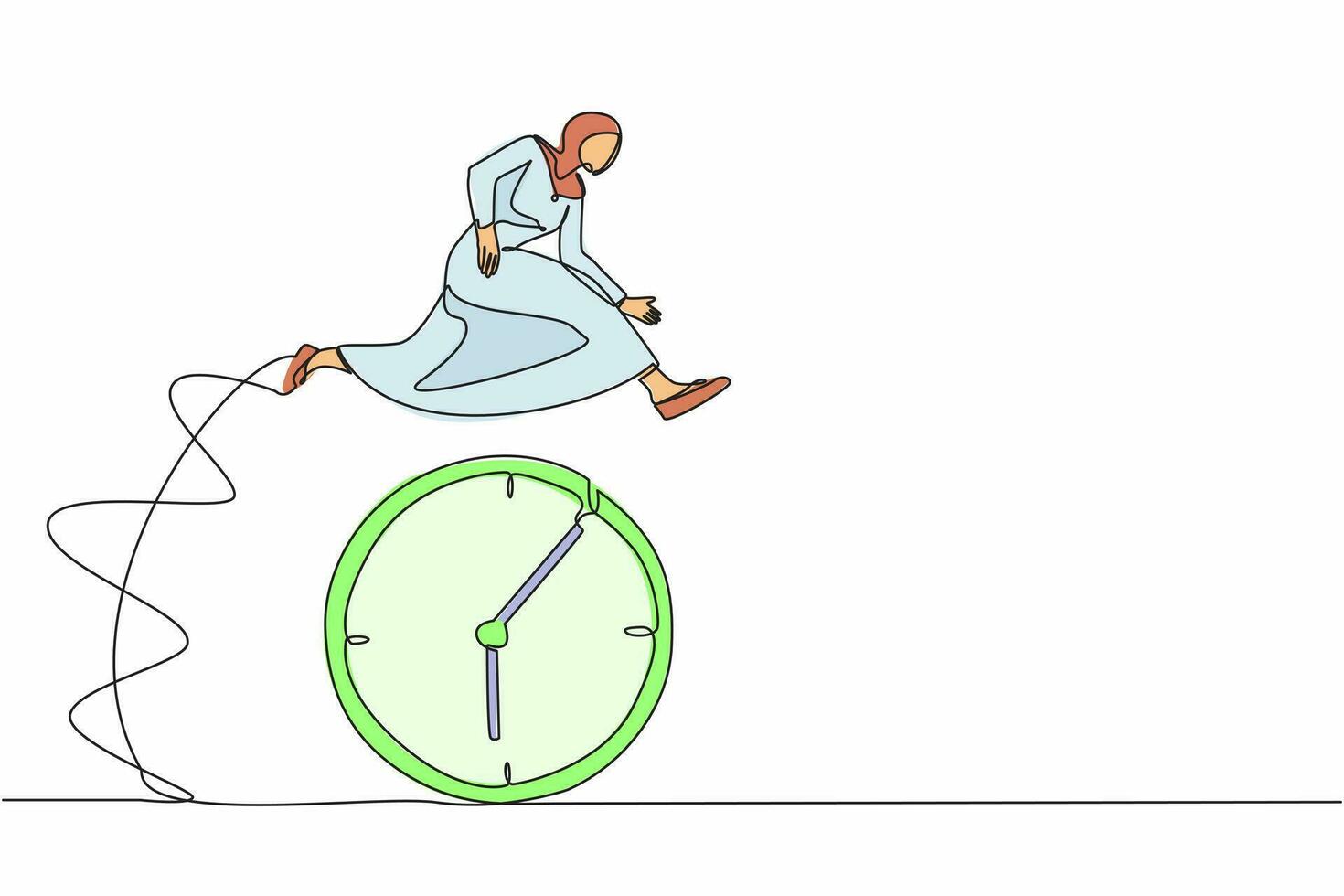 Continuous one line drawing Arabian businesswoman jump over time passing clock. Task planning, work effectiveness. Good time management, scheduling. Single line draw design vector graphic illustration