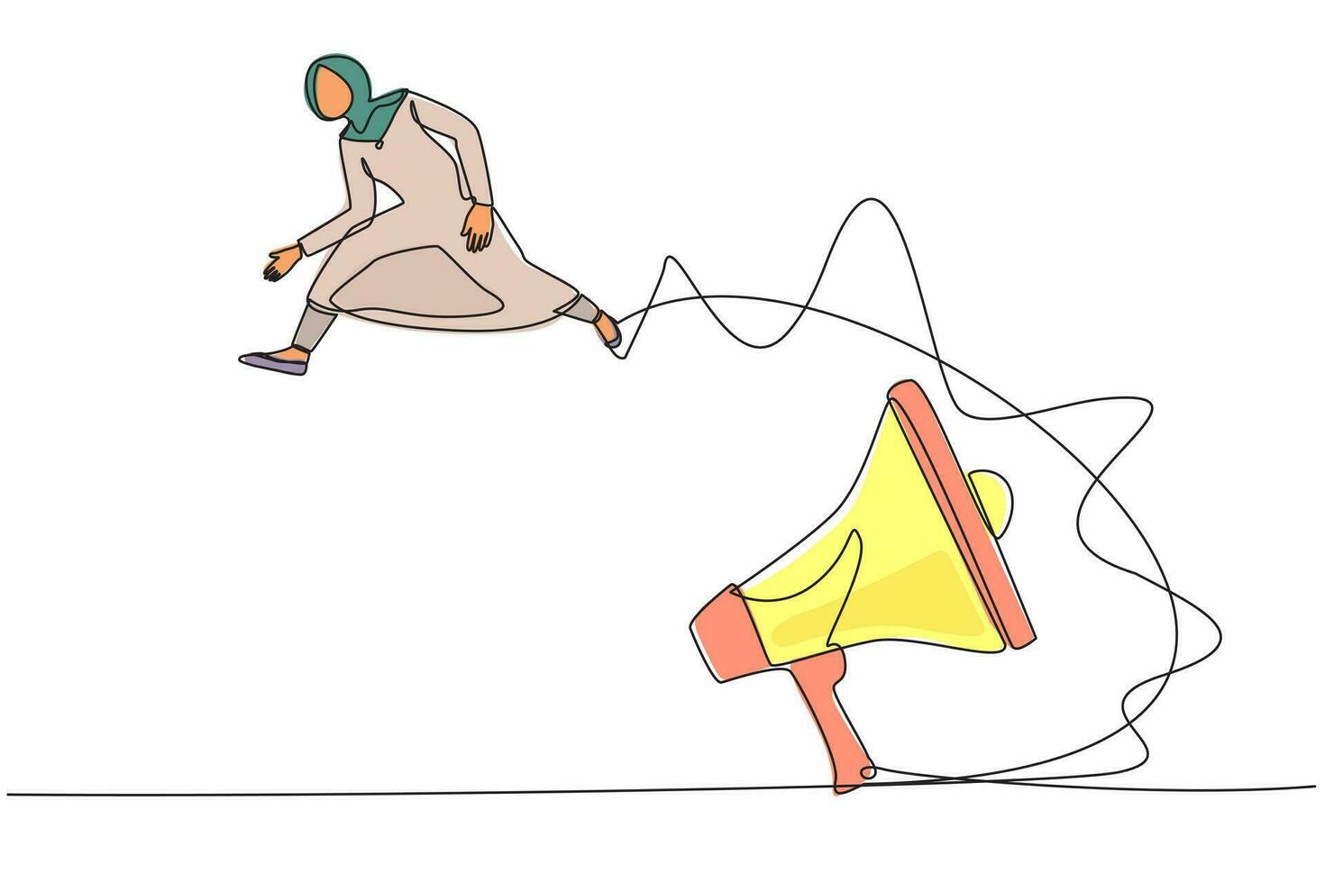 Continuous one line drawing Arabian businesswoman jumping over big megaphone. Loudspeaker technology. Announcement, advertising. Marketing device equipment. Single line draw design vector illustration