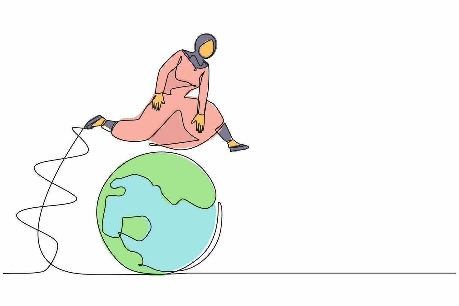 Continuous one line drawing Arab businesswoman jumping over globe. Travel destination concept. International partnership, cooperation and teamwork. Single line draw design vector graphic illustration