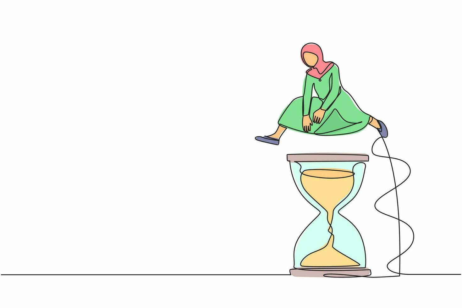 una sola línea de dibujo empresaria árabe salta sobre el reloj de arena. plazo o eficiencia del tiempo de trabajo. programación de negocios. gestión del tiempo. ilustración de vector gráfico de diseño de línea continua moderna