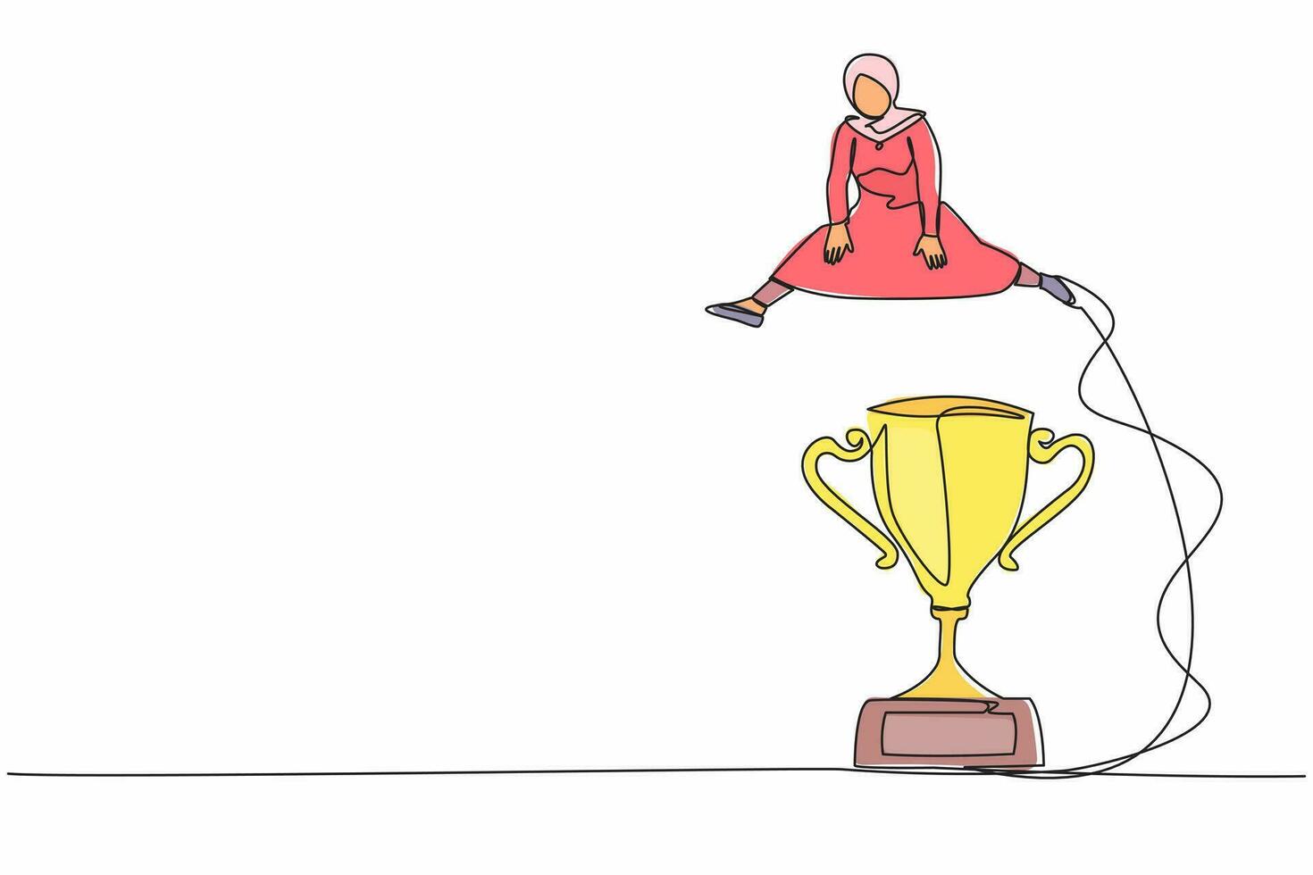 Continuous one line drawing Arabian businesswoman jumping over big trophy. Challenge or succeed in business competition. Celebrate work achievement. Single line draw design vector graphic illustration