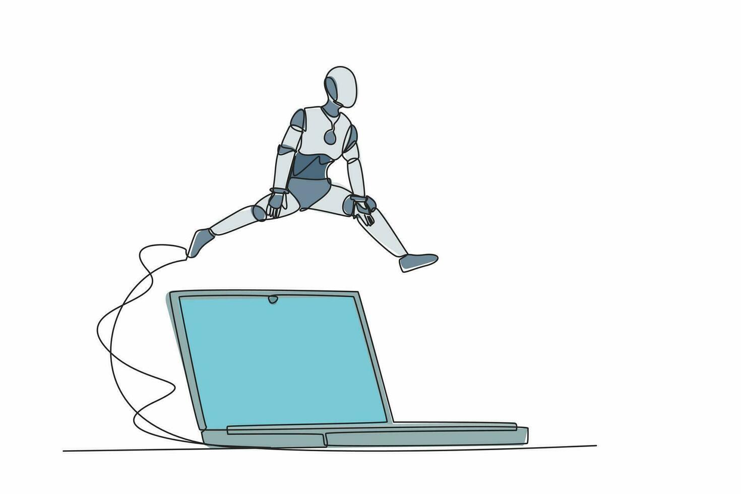 Single one line drawing robot jumping over big laptop computer. Office system information technology digital. Future technology artificial intelligence. Continuous line draw design vector illustration