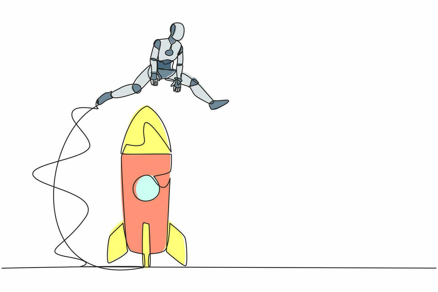 Single continuous line drawing robot jumping over big rocket. Successful startup launch preparation. Modern robotic artificial intelligence. Dynamic one line draw graphic design vector illustration