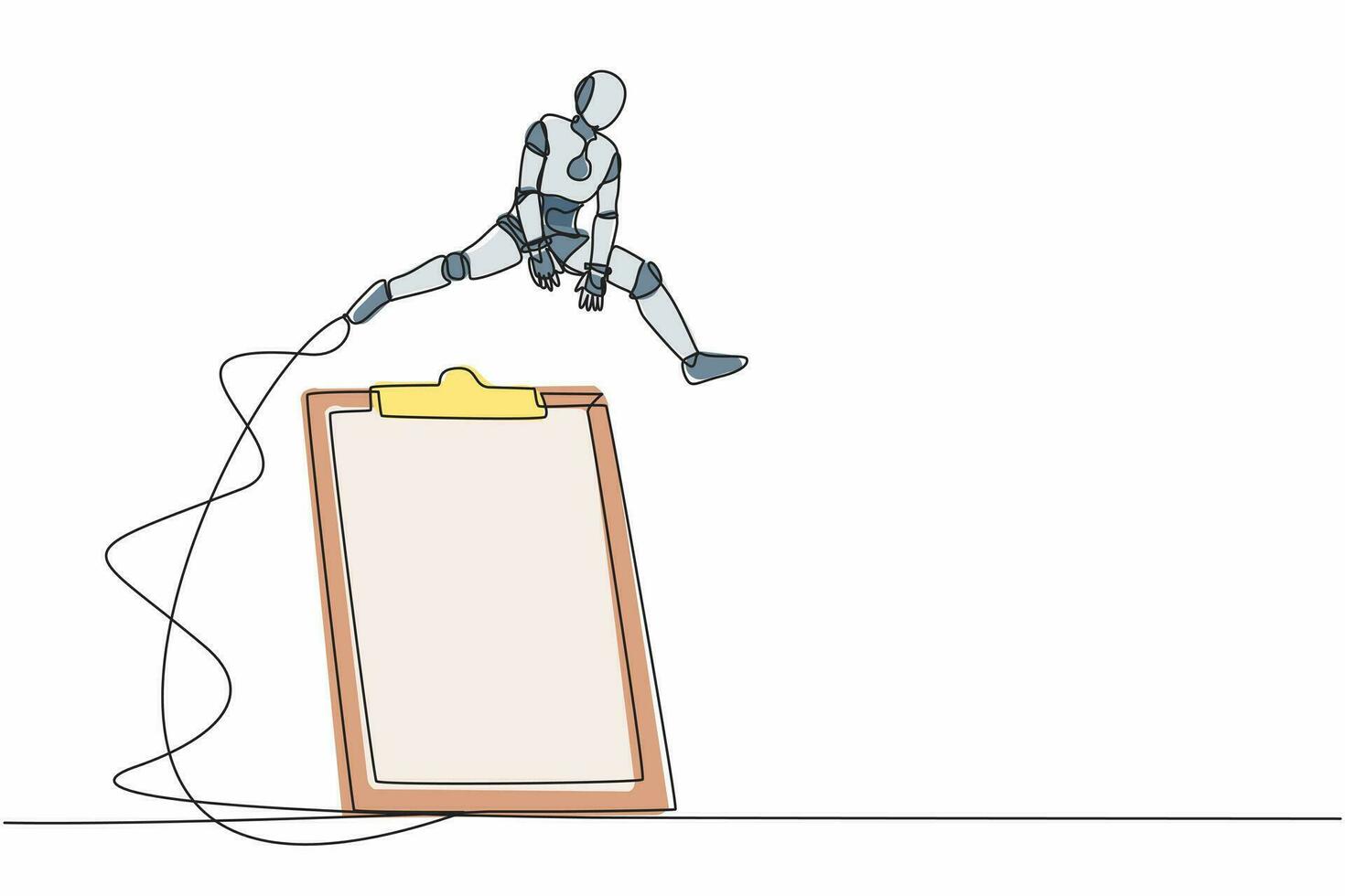 Single one line drawing robot jumping over big clipboard. Checklist survey application paper sheets document. Future technology development. Modern continuous line design graphic vector illustration