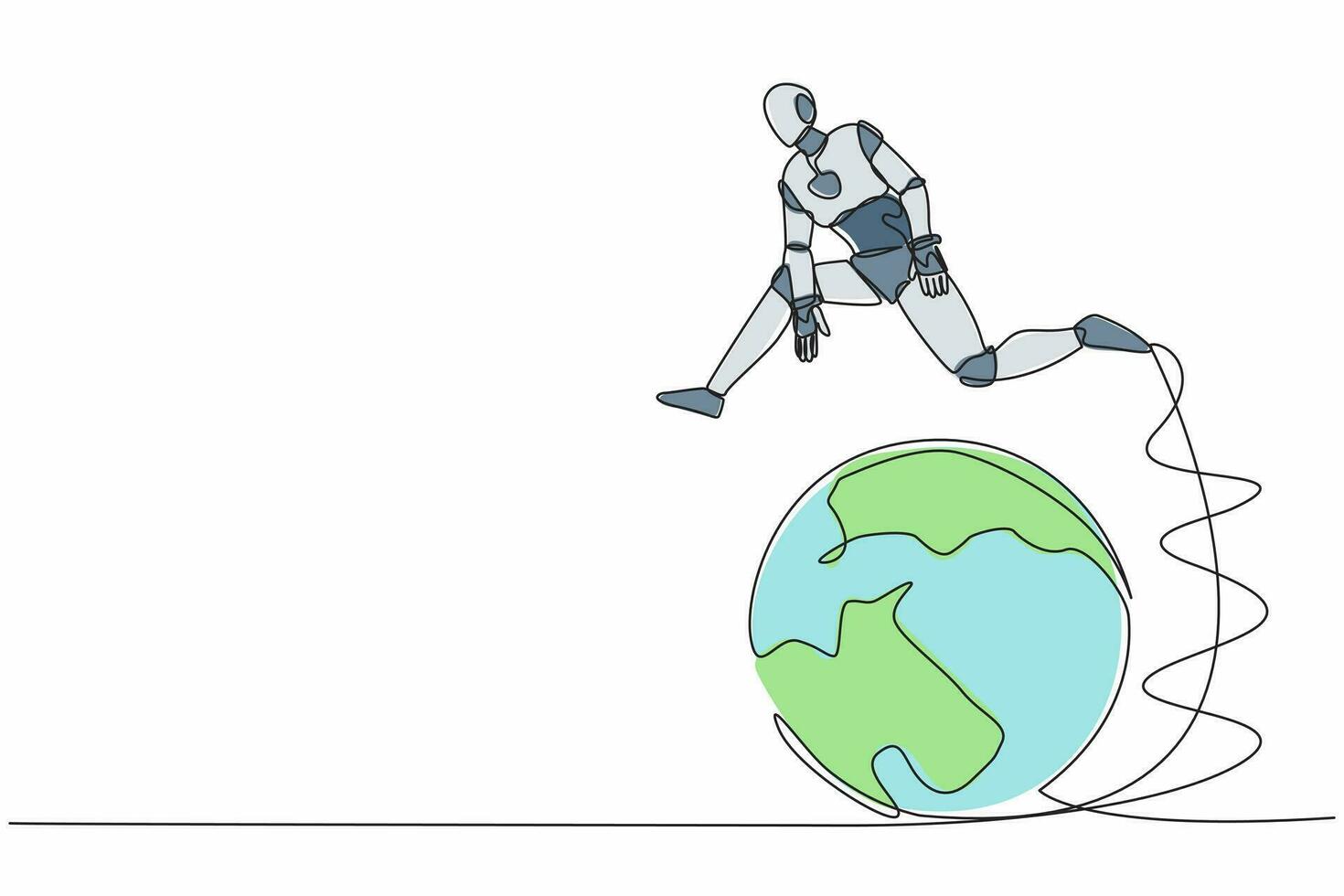 Single continuous line drawing robot jumping over globe. International partnership, cooperation in business. Travel destination. Robot artificial intelligence. One line draw design vector illustration