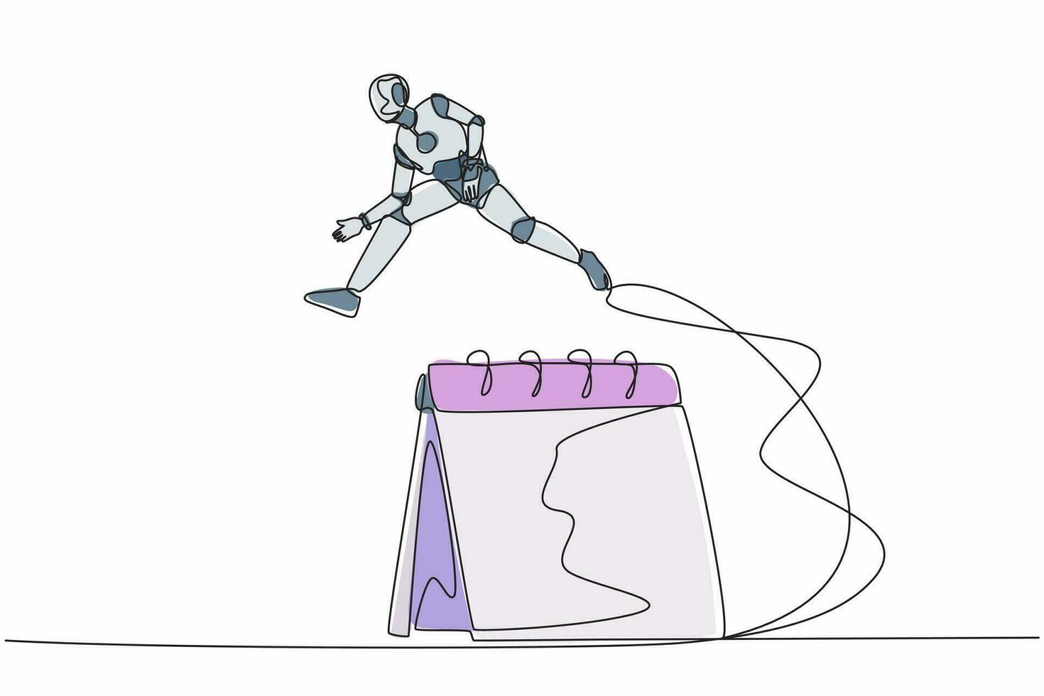 Continuous one line drawing robot jumping over big calendar, planning month work in desk calendar. Humanoid cybernetic organism. Future robotic development. Single line draw design vector illustration