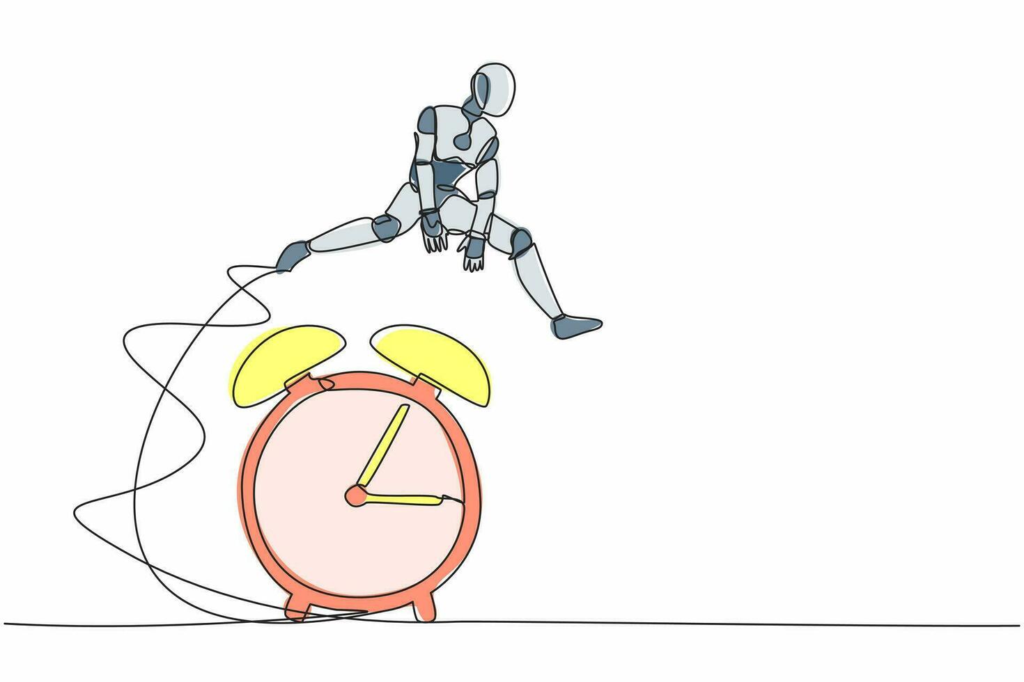 Continuous one line drawing robot jump over alarm clock. Business deadline, working time efficiency. Robot cybernetic organism. Future robotic development. Single line draw design vector illustration