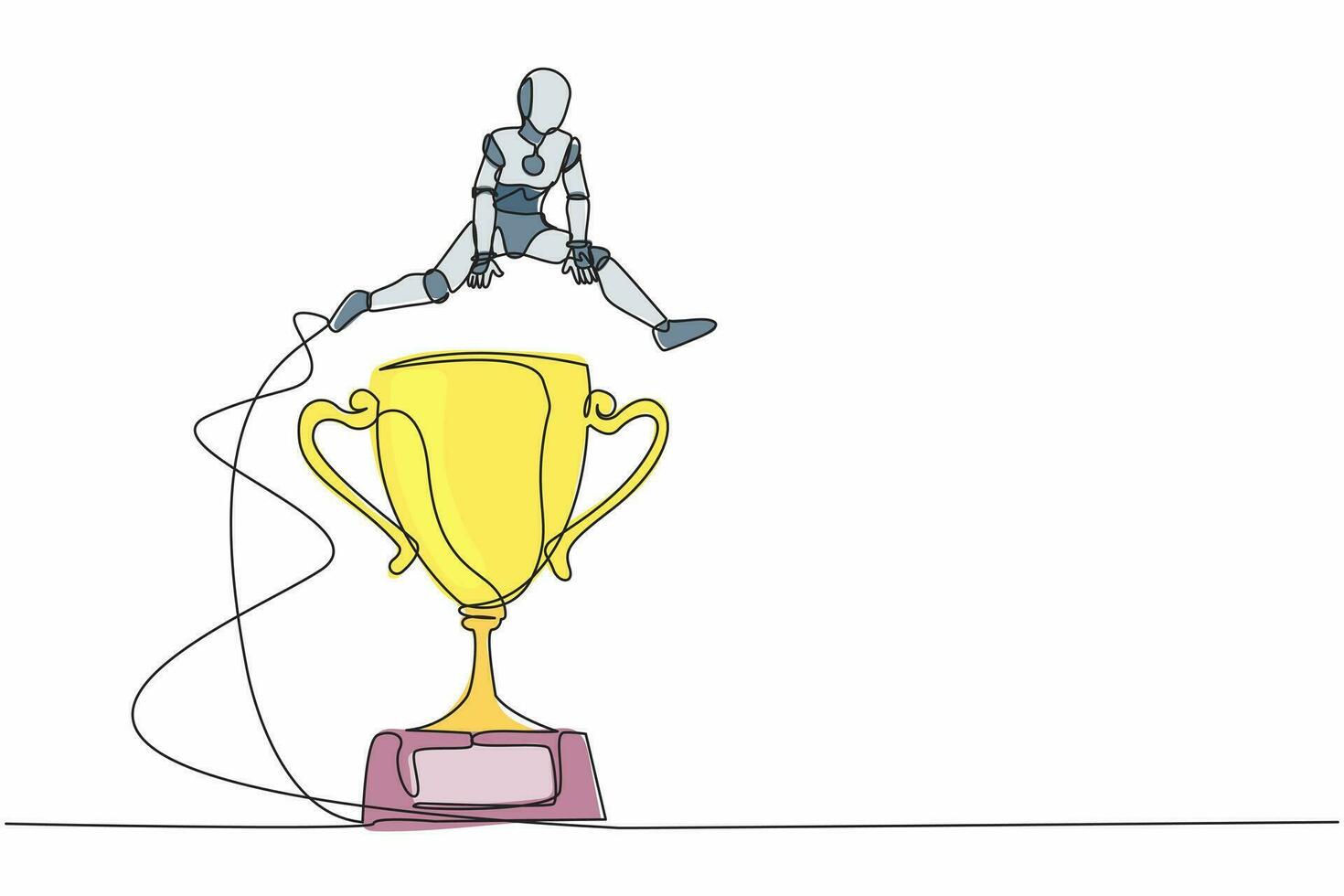 Continuous one line drawing robot jumping over big trophy. Challenge or succeed in business competition. Humanoid robot cybernetic organism. Future robotic. Single line draw design vector illustration