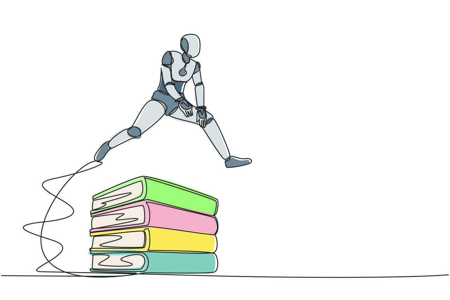 Single one line drawing robot jumping over pile of big binders. Stack of paper work document. Information classification. Future technology development. Continuous line draw design vector illustration