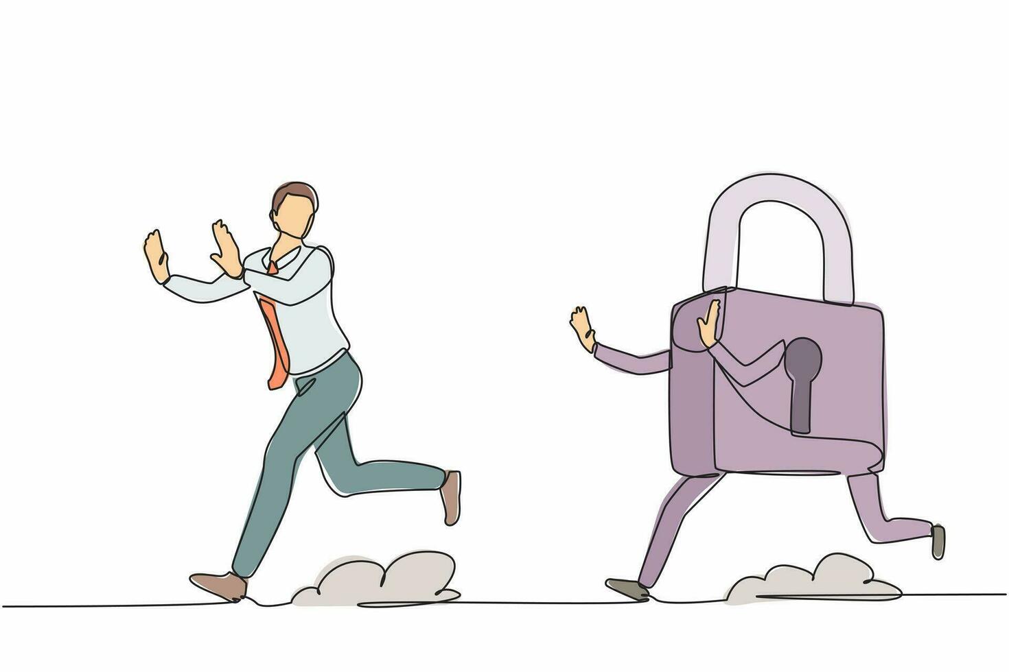 Single one line drawing stressed businessman being chased by padlock. Worker running for business protection security. Professional solutions. Continuous line draw design graphic vector illustration