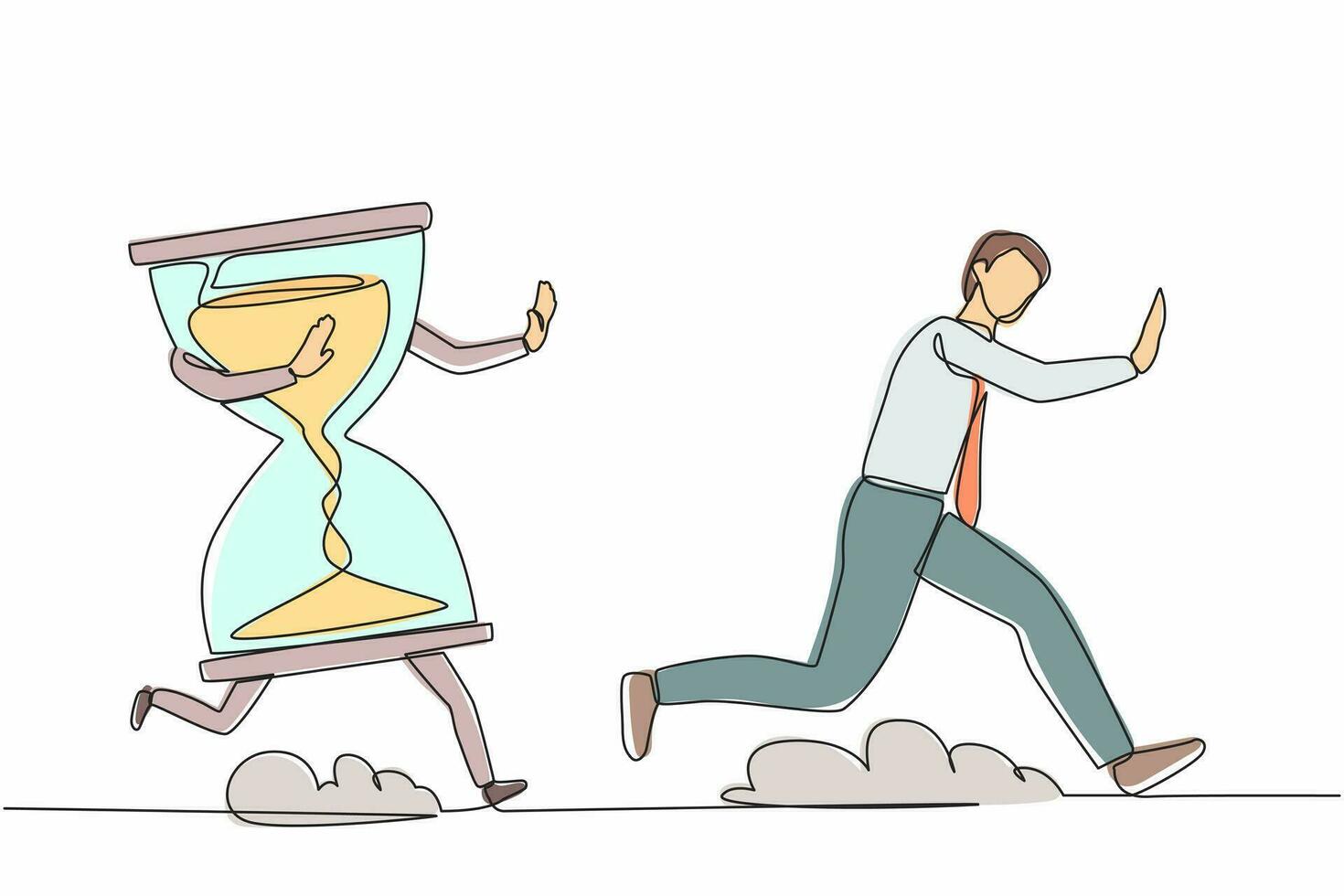Single one line drawing stressed businessman being chased by hourglass. Office worker feeling stress with work deadlines, angry, burnout, depression. Continuous line design graphic vector illustration