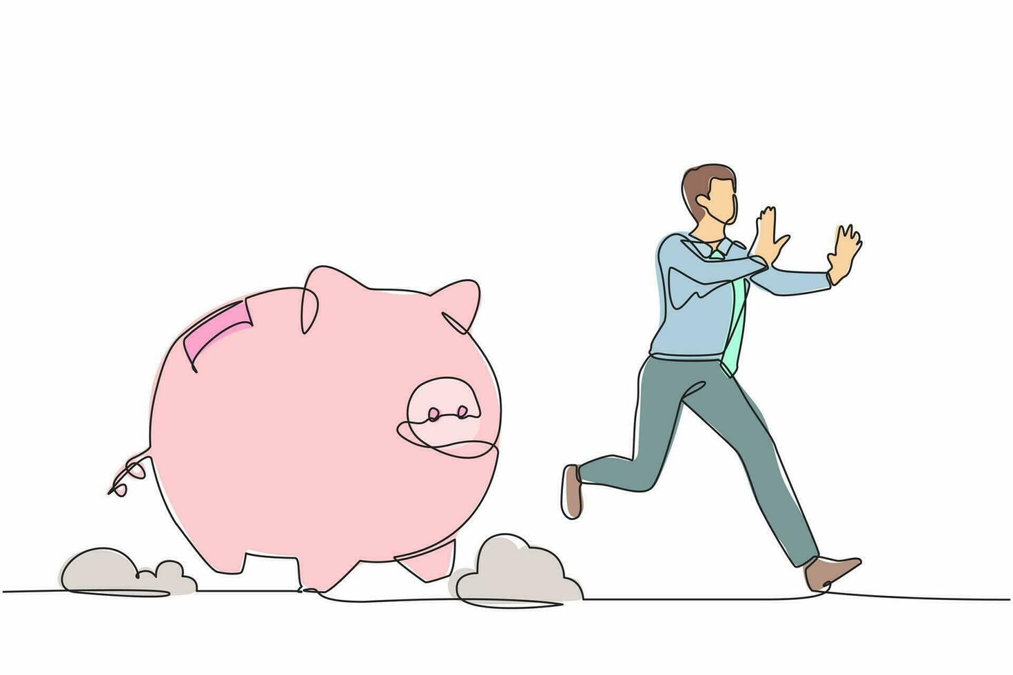 Single continuous line drawing stressed businessman being chased by piggy bank. Financial crisis, economic disaster. Minimal metaphor concept. Dynamic one line draw graphic design vector illustration
