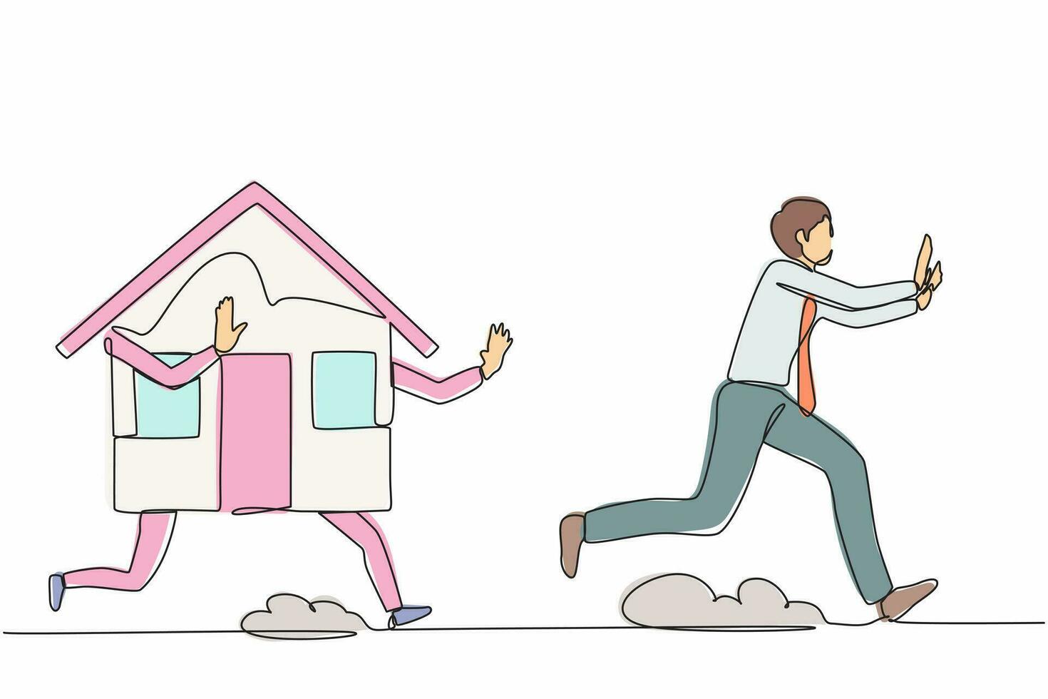 Continuous one line drawing stressed businessman being chased by house. Office worker avoid price increase of housing loan, real estate investment. Single line draw design vector graphic illustration