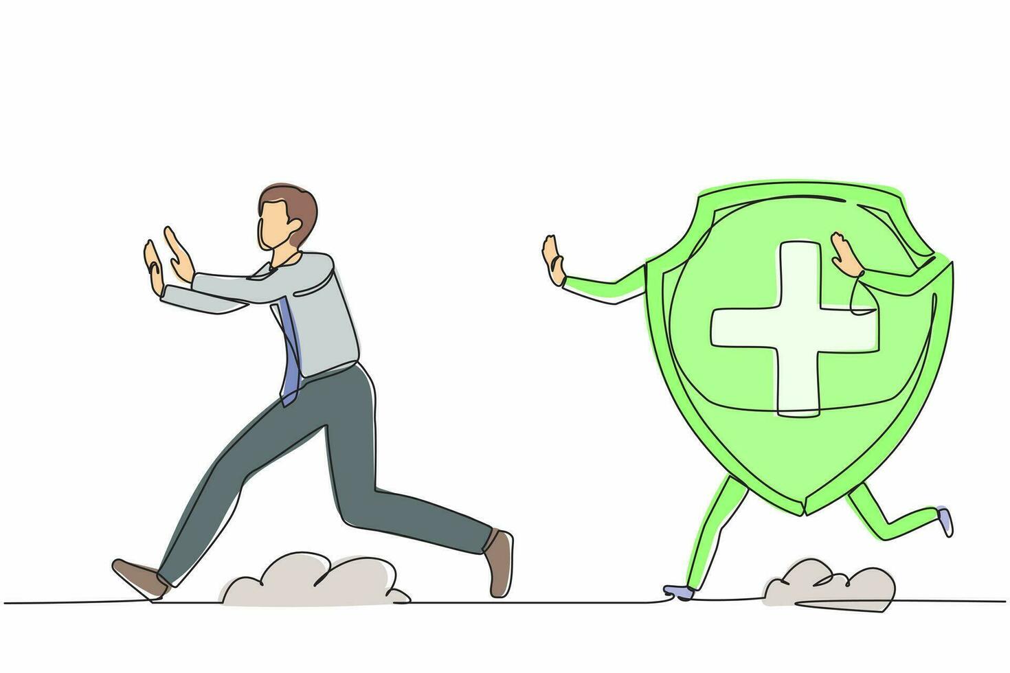 Single continuous line drawing stressed businessman being chased by shield. Out off financial insurance or fund safety. Expensive healthcare budget. One line draw graphic design vector illustration
