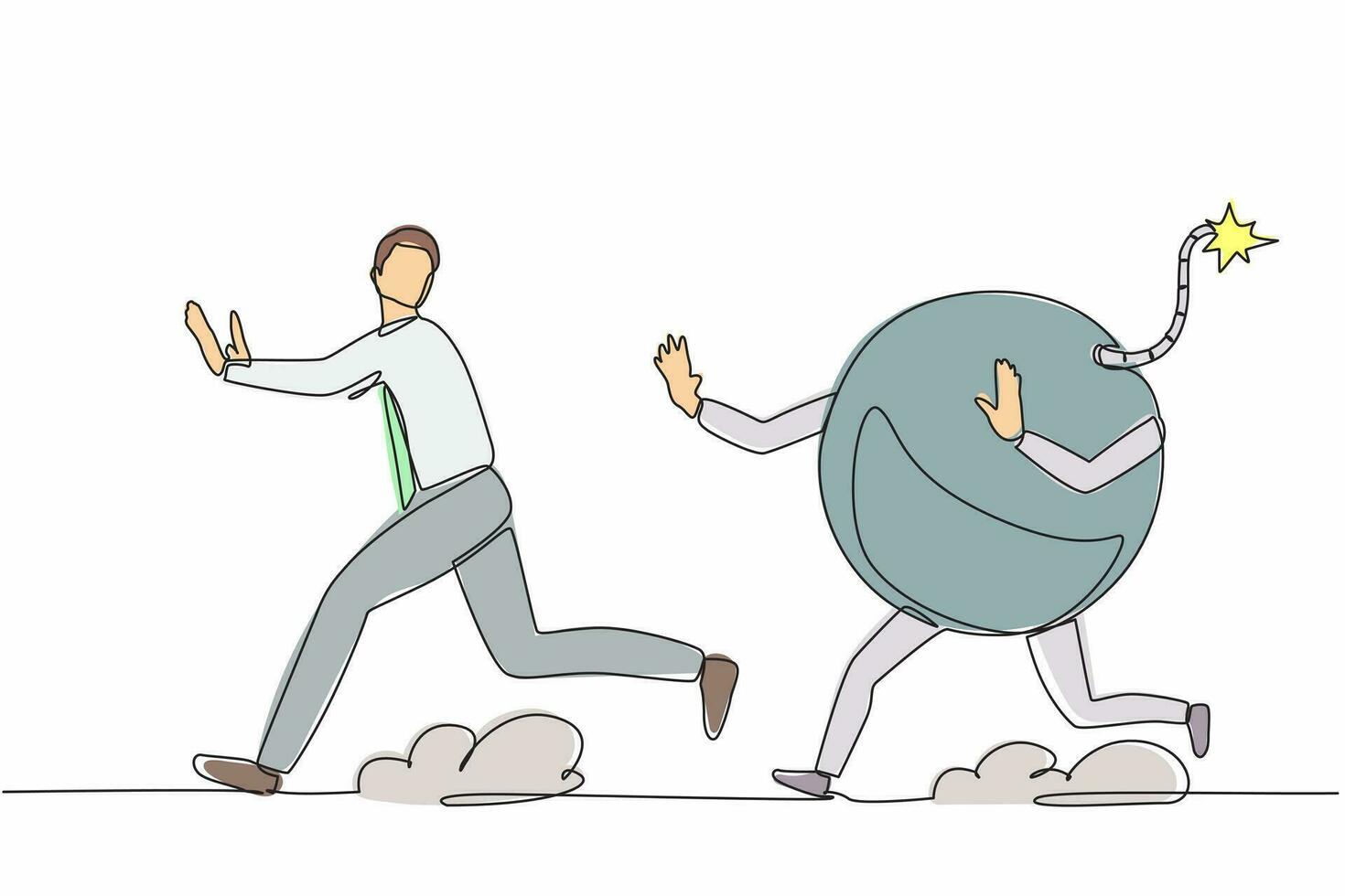 Single one line drawing stressed businessman being chased by bomb. Manager run to avoid financial problems, taxation burden or business debt, deadline. Continuous line draw design vector illustration