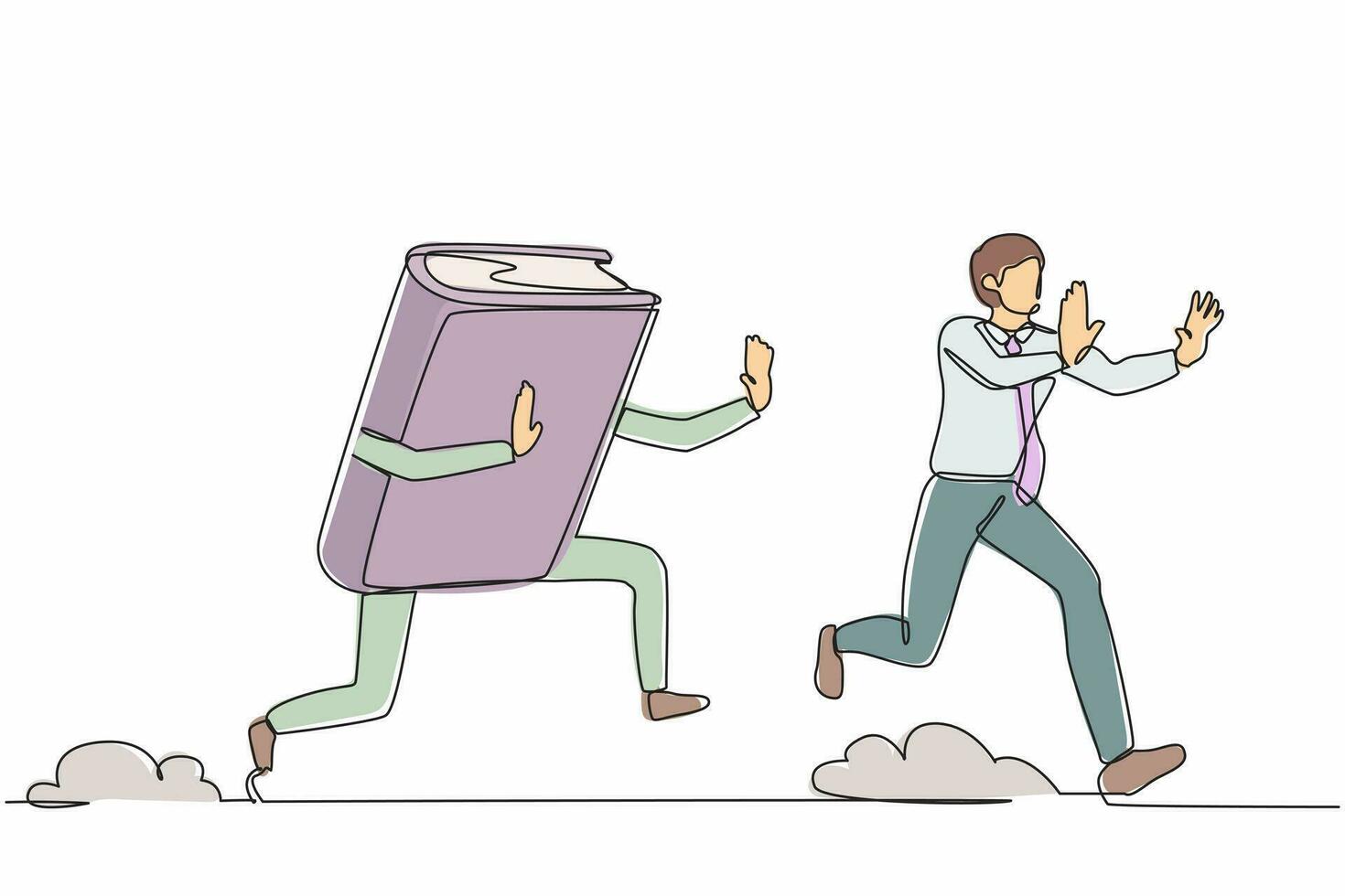 Single one line drawing stressed businessman being chased by book. Employee higher education to pursue career growth. Worker study literature. Continuous line draw design graphic vector illustration
