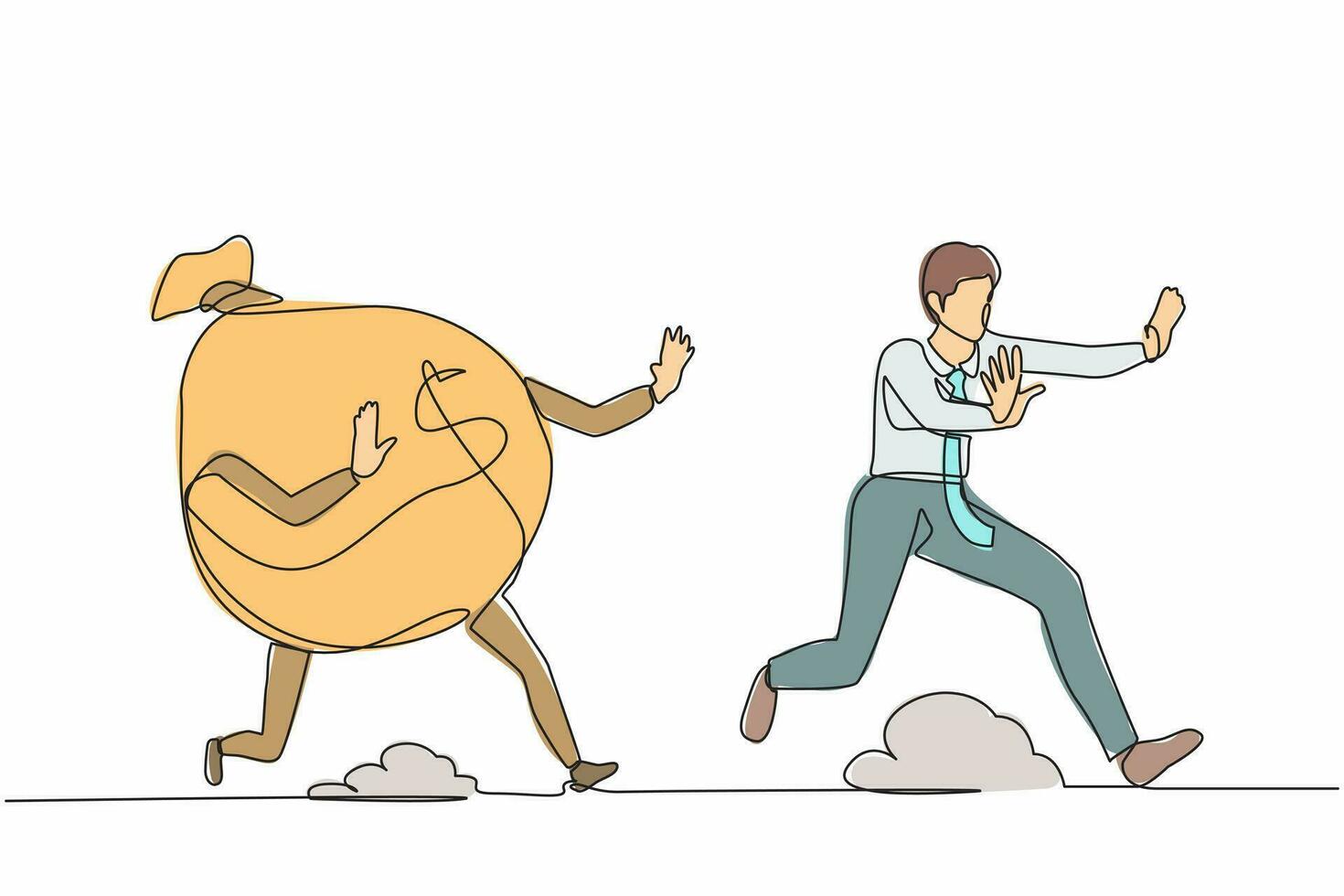 Continuous one line drawing stressed businessman being chased by money bag. Failed achieving goals and profit, exhausted for success, running out for money. Single line draw design vector illustration