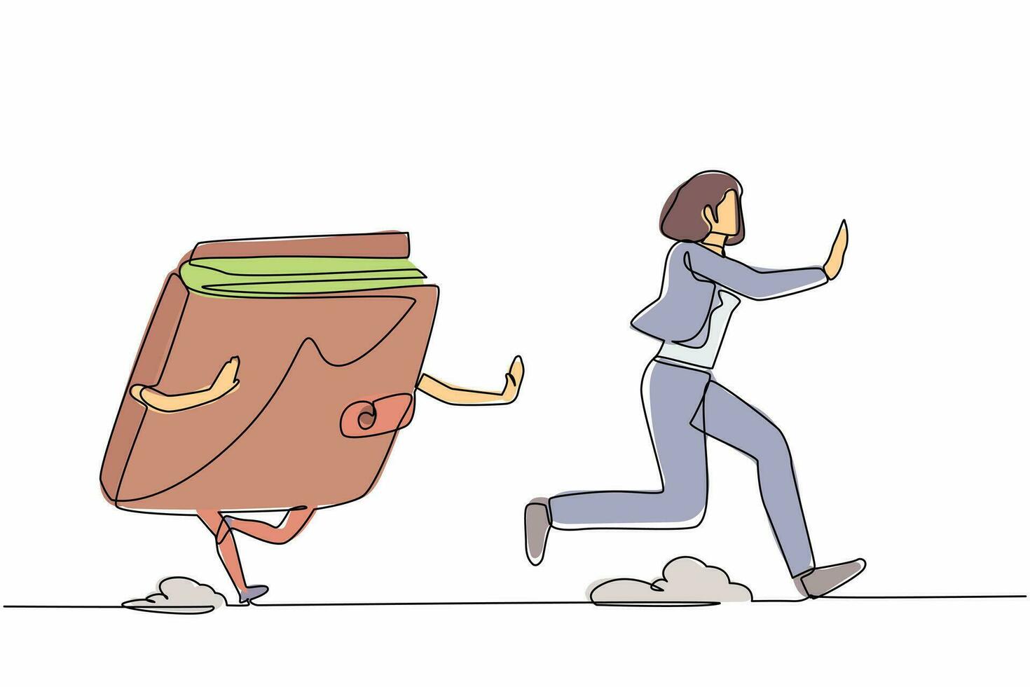 Continuous one line drawing scared businesswoman being chased by wallet. Female worker losing money, wasteful spending, gone money. Minimalist metaphor. Single line design vector graphic illustration
