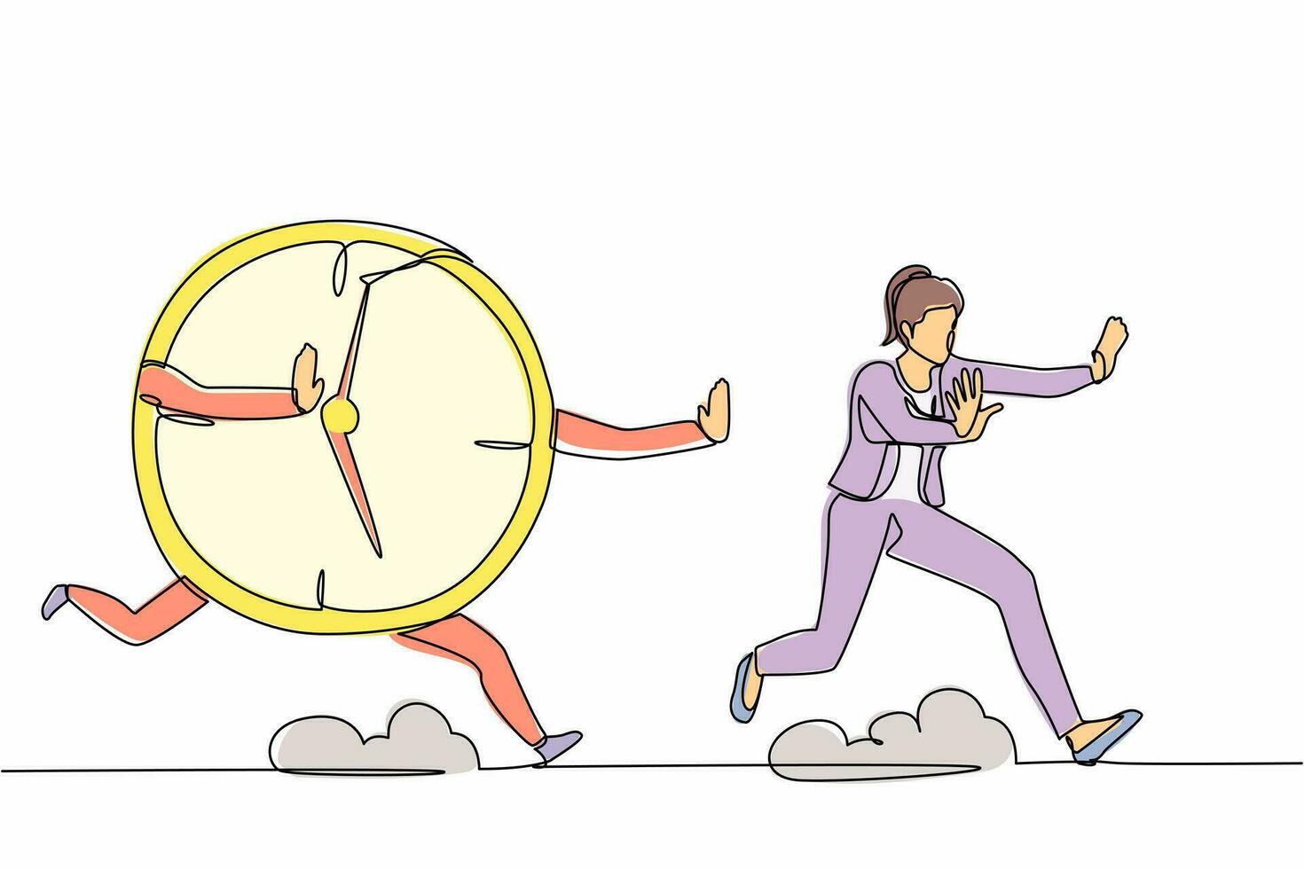 Continuous one line drawing scared businesswoman being chased by time, deadline. Female worker hurry in project schedule, productivity. Minimalist metaphor. Single line draw design vector illustration