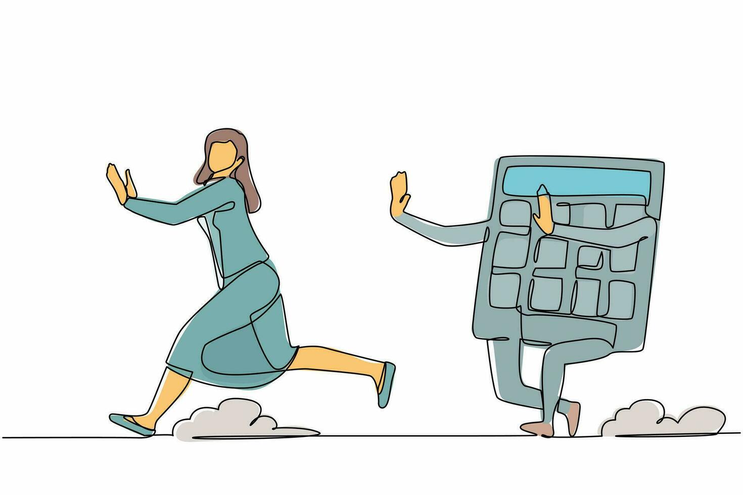 Single continuous line drawing scared businesswoman being chased by calculator. Female employee difficult in calculations economy crisis. Minimalism metaphor. One line draw design vector illustration